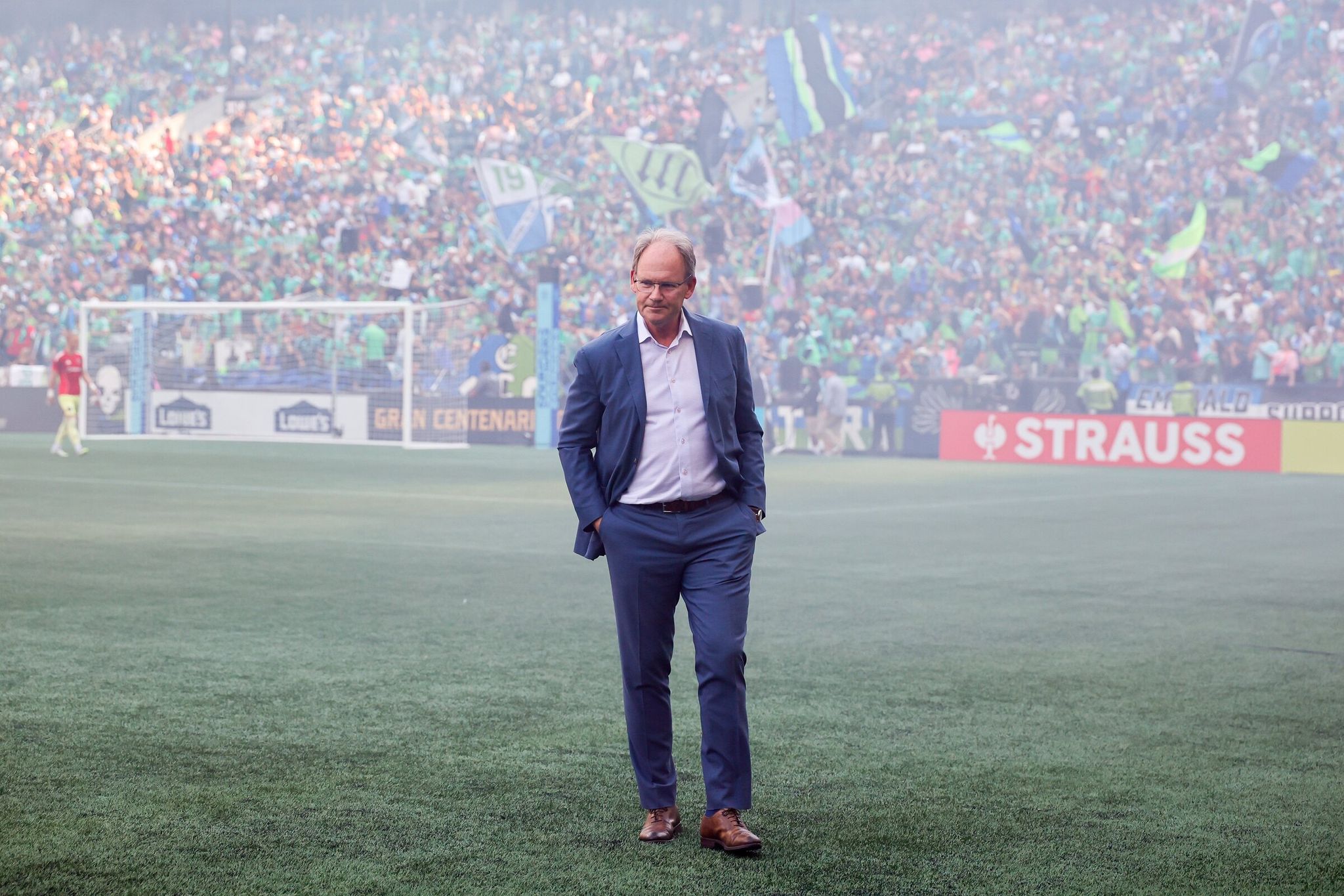 Seattle Sounders FC head coach Brian Schmetzer before the Leagues Cup final against Inter Miami, Aug. 31, 2025, in Seattle. (Jennifer Buchanan / The Seattle Times)