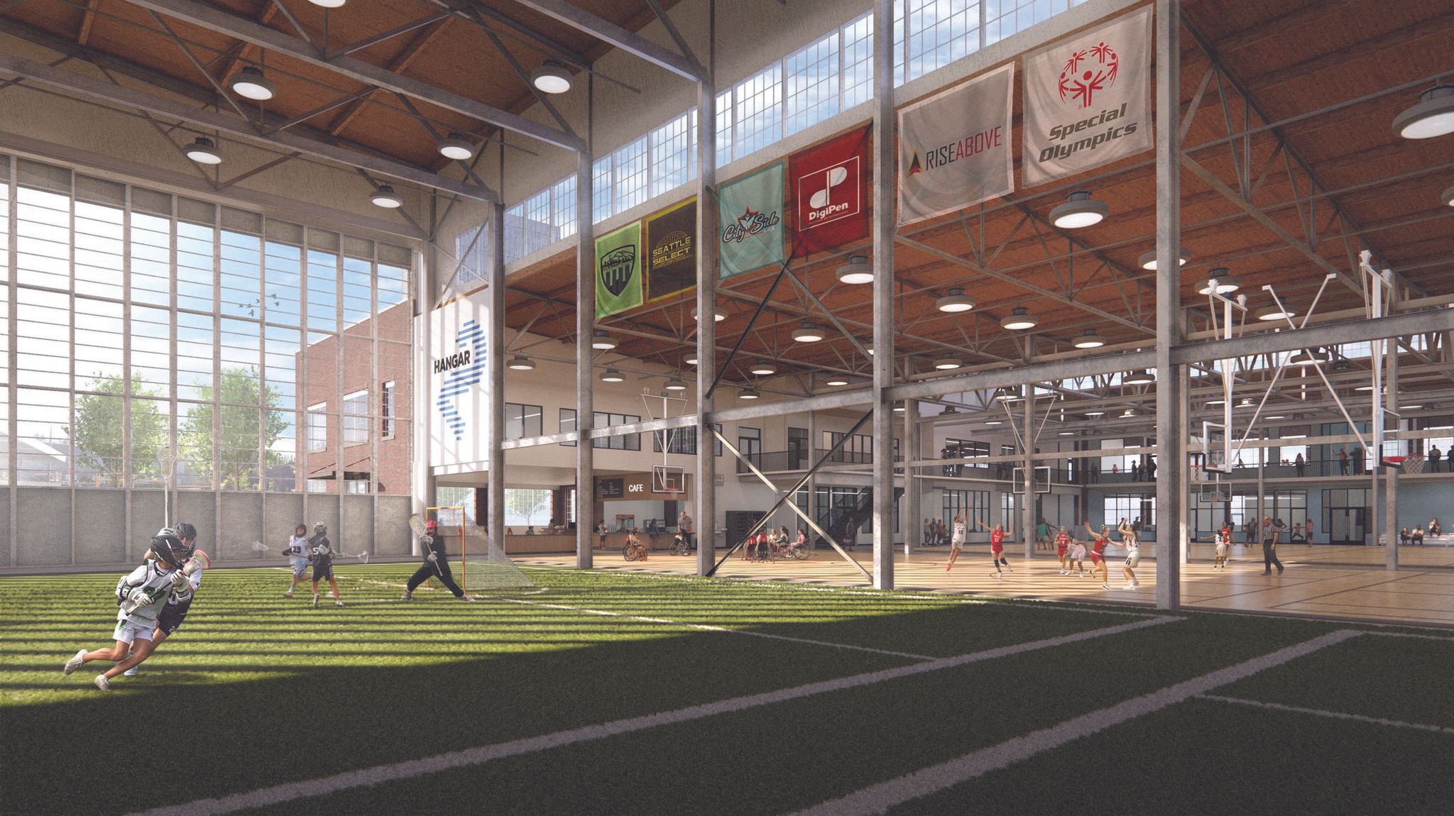 This preliminary rendering shows how Building 2 in Magnuson Park could be adapted for sports and other activities under the Hangar2 renovation plan. This view is from the south hangar of the building. (Clark / Barnes via Hangar2)
