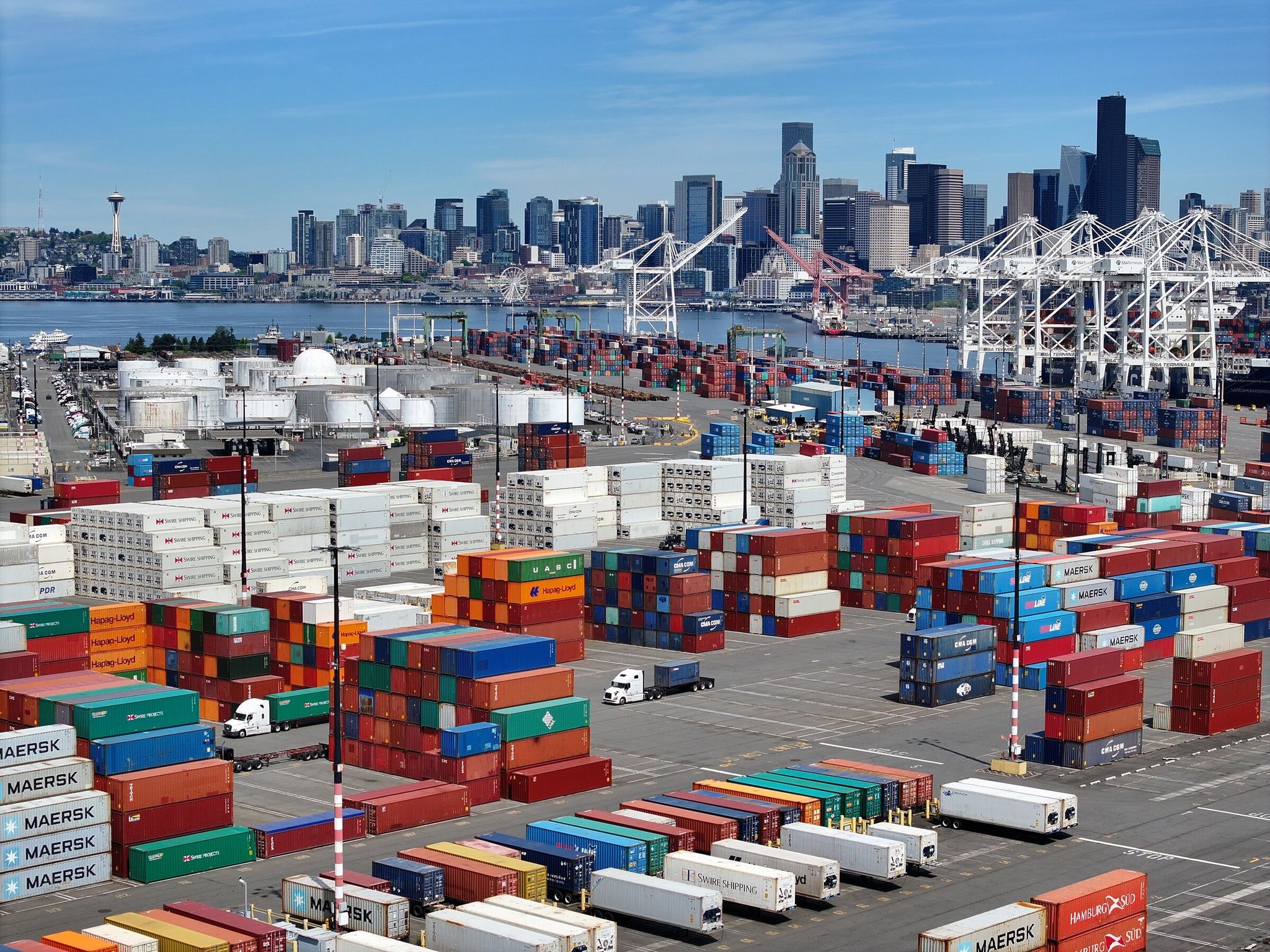 Containers at Terminal 18 on Harbor Island at the Port of Seattle. Washington business owners felt cautious optimism after the U.S. Supreme Court on Friday morning struck down a broad set of tariffs imposed by the Trump administration. (Karen Ducey / The Seattle Times, 2025)