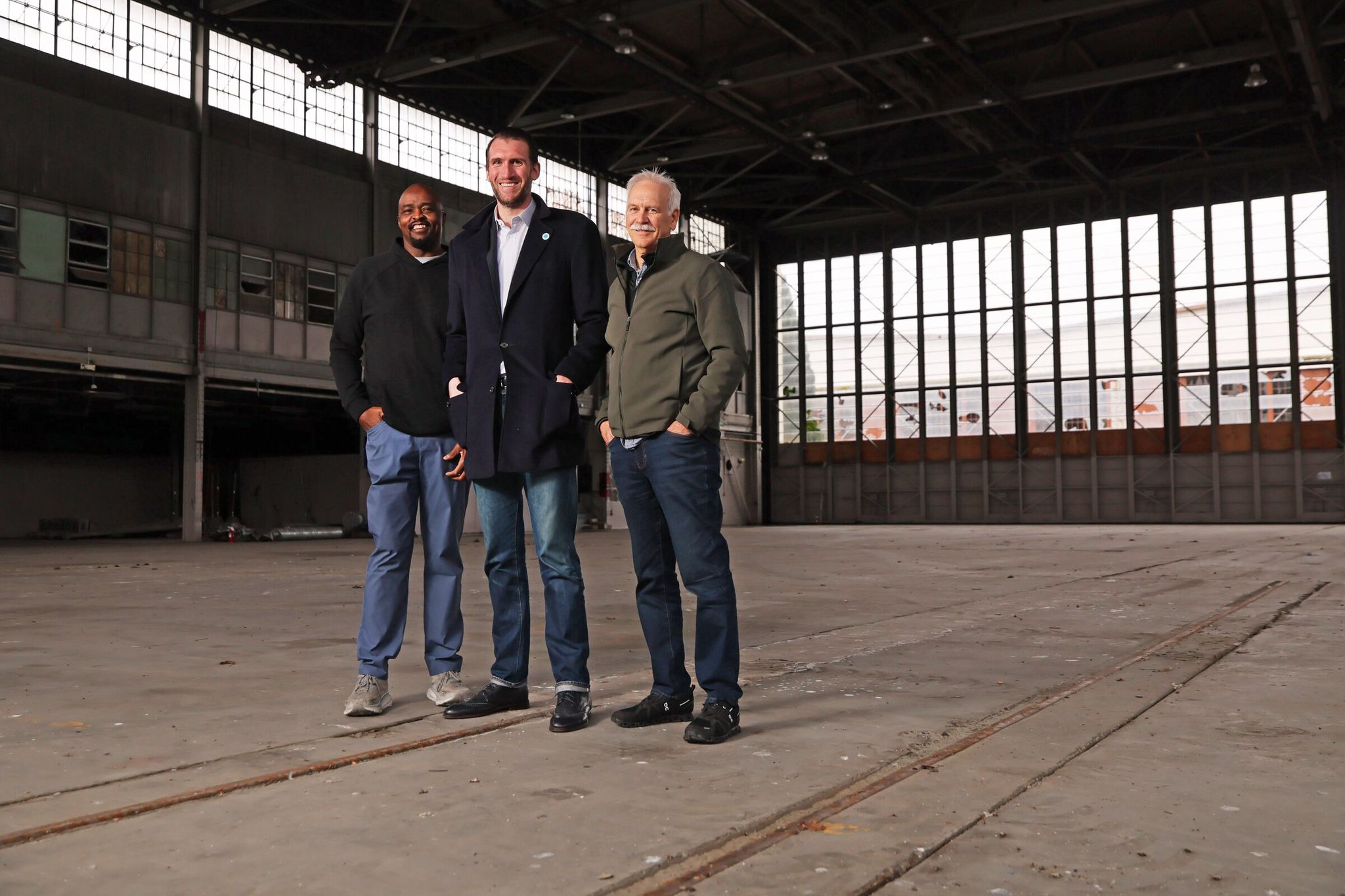 Ray Roberts, Spencer Hawes and Chris Snyder at Building 2 in Magnuson Park in Seattle on Jan. 29, 2026. (Kevin Clark / The Seattle Times)