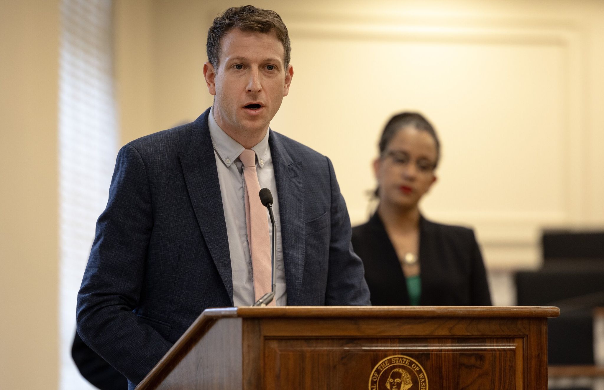 House Majority Leader Joe Fitzgibbon, a Democrat from West Seattle, speaks about the proposed House budget at a news conference at the state capitol building on March 24, 2025, in Olympia. (Nick Wagner / The Seattle Times)