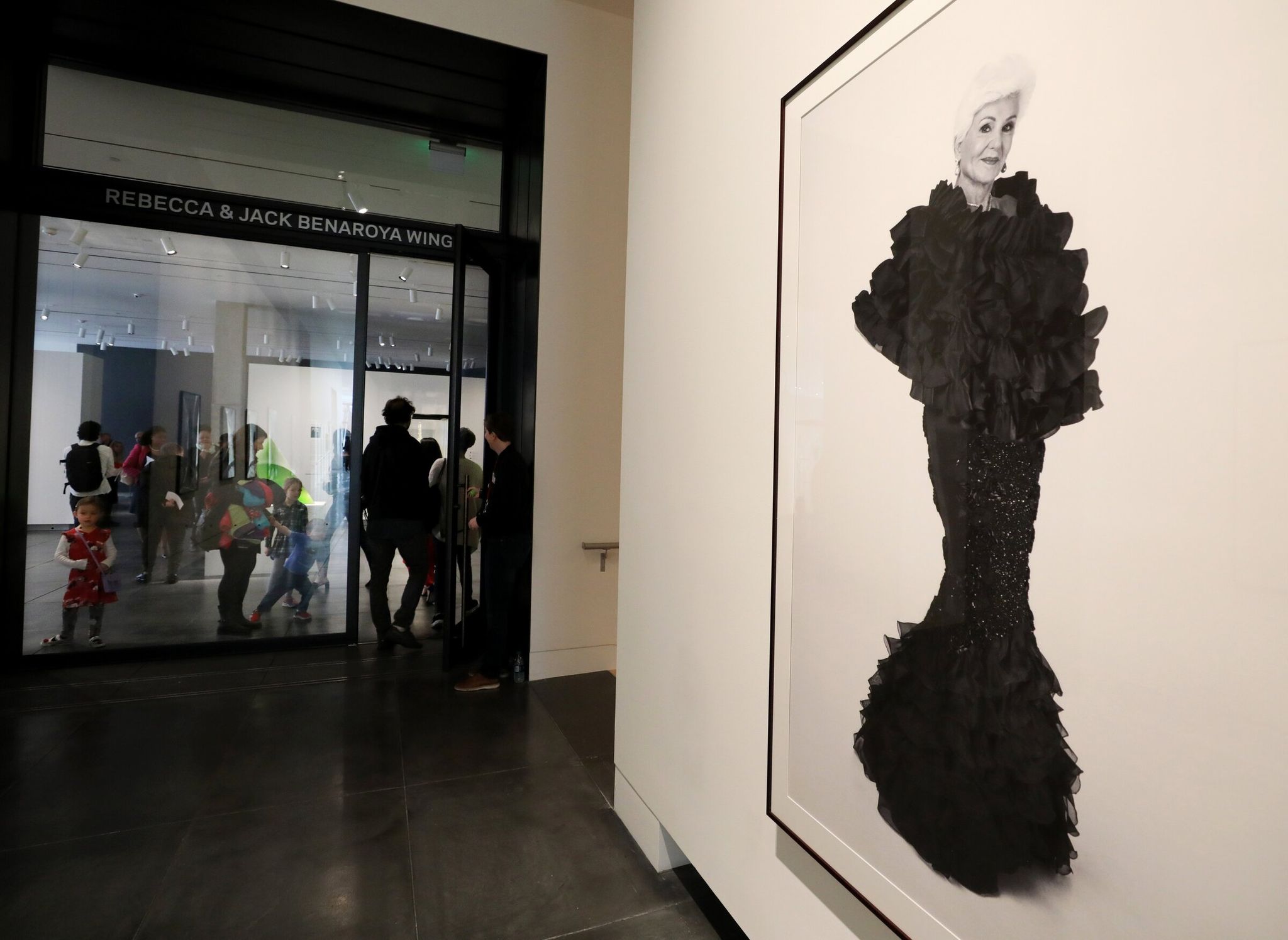 This black-and-white portrait of Rebecca “Becky” Benaroya, by Mary Van Cline, greets visitors in the new wing of the Tacoma Art Museum. (Alan Berner / The Seattle Times, 2019)