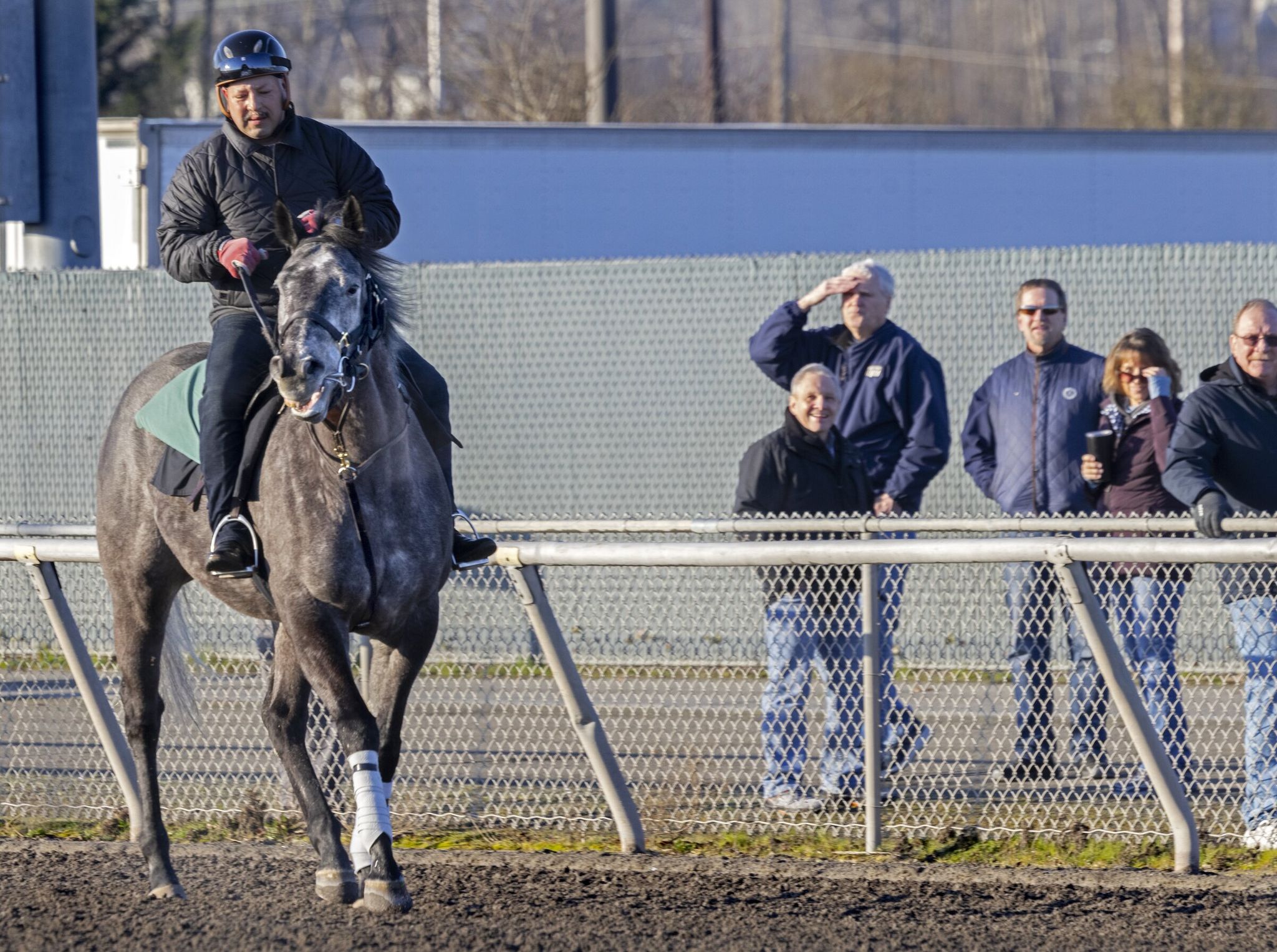 As trainers, jockeys and others look on, Aloha Breeze, Emerald Downs’ 2025 Horse of the Year, ridden by exercise rider Juan Madrigal, finishes a lap around the track as the ceremonial first horse on the track on the first day of the 2026 training season at Emerald Downs. Aloha Breeze, a six-year-old mare, is owned by Dr. George Todaro of Seattle and trained by Tom Zenzel. (Ellen M. Banner / The Seattle Times)