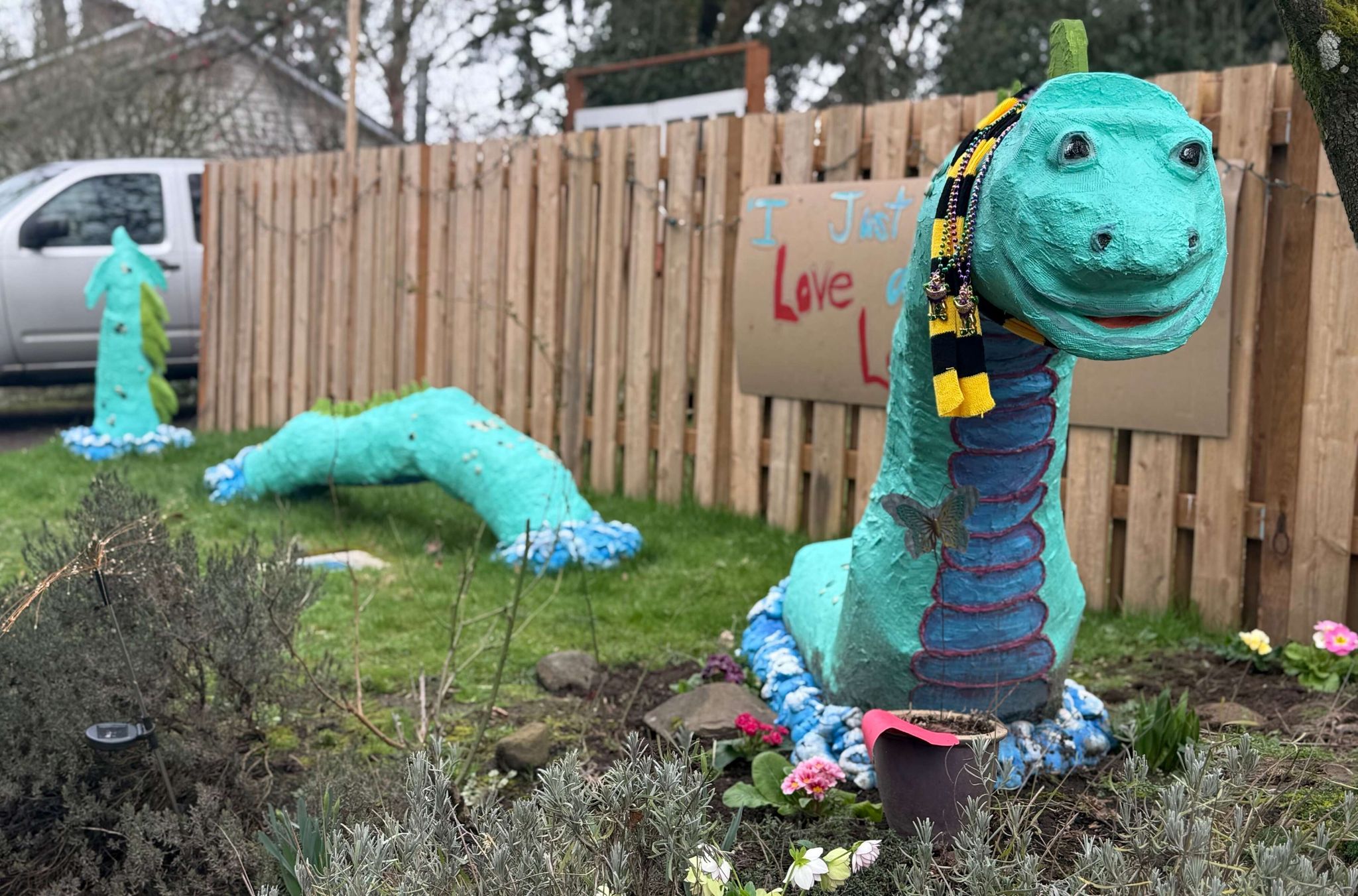 Messie, the three-part statue created by Cassie Lopez, stands in a front yard in Milwaukie, near Portland. (Samantha Swindler / The Oregonian / TNS)