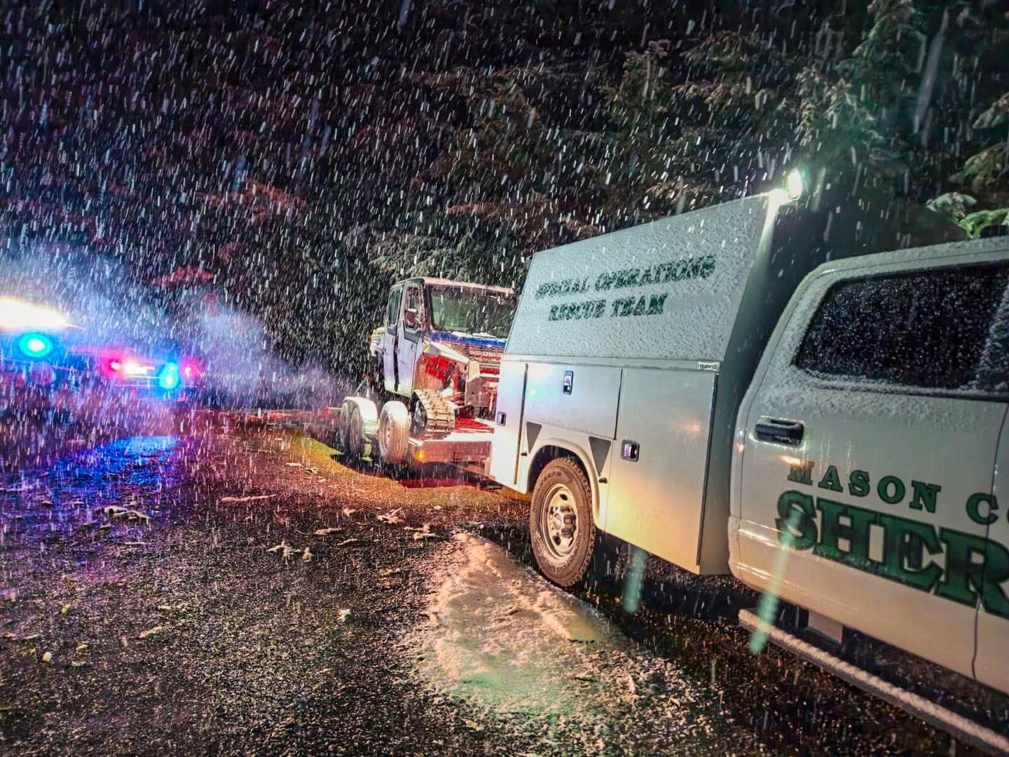 Multiple agencies took part in the rescue to extract two injured hikers who fell into an avalanche chute on Mount Ellinor on Sunday. (Photo courtesy of the Mason County sheriff’s office.)