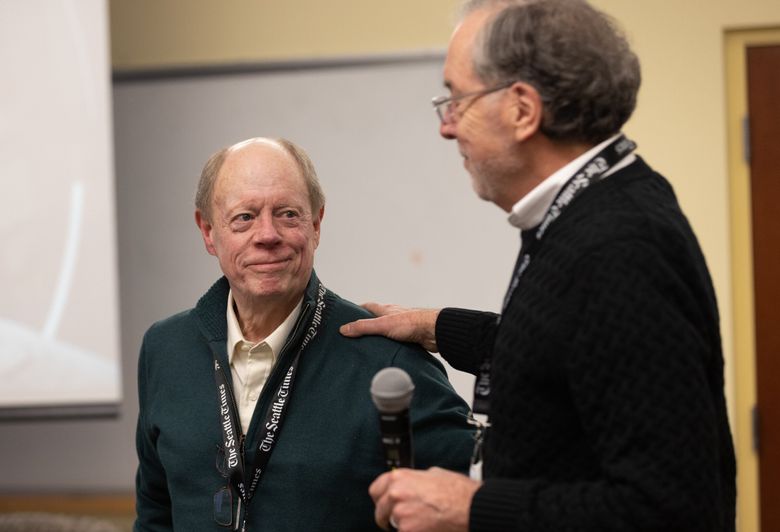 Alan Fisco speaks at a February 2023 celebration of Seattle Times Publisher Frank Blethen’s 55th anniversary with the company. (Karen Ducey / The Seattle Times)