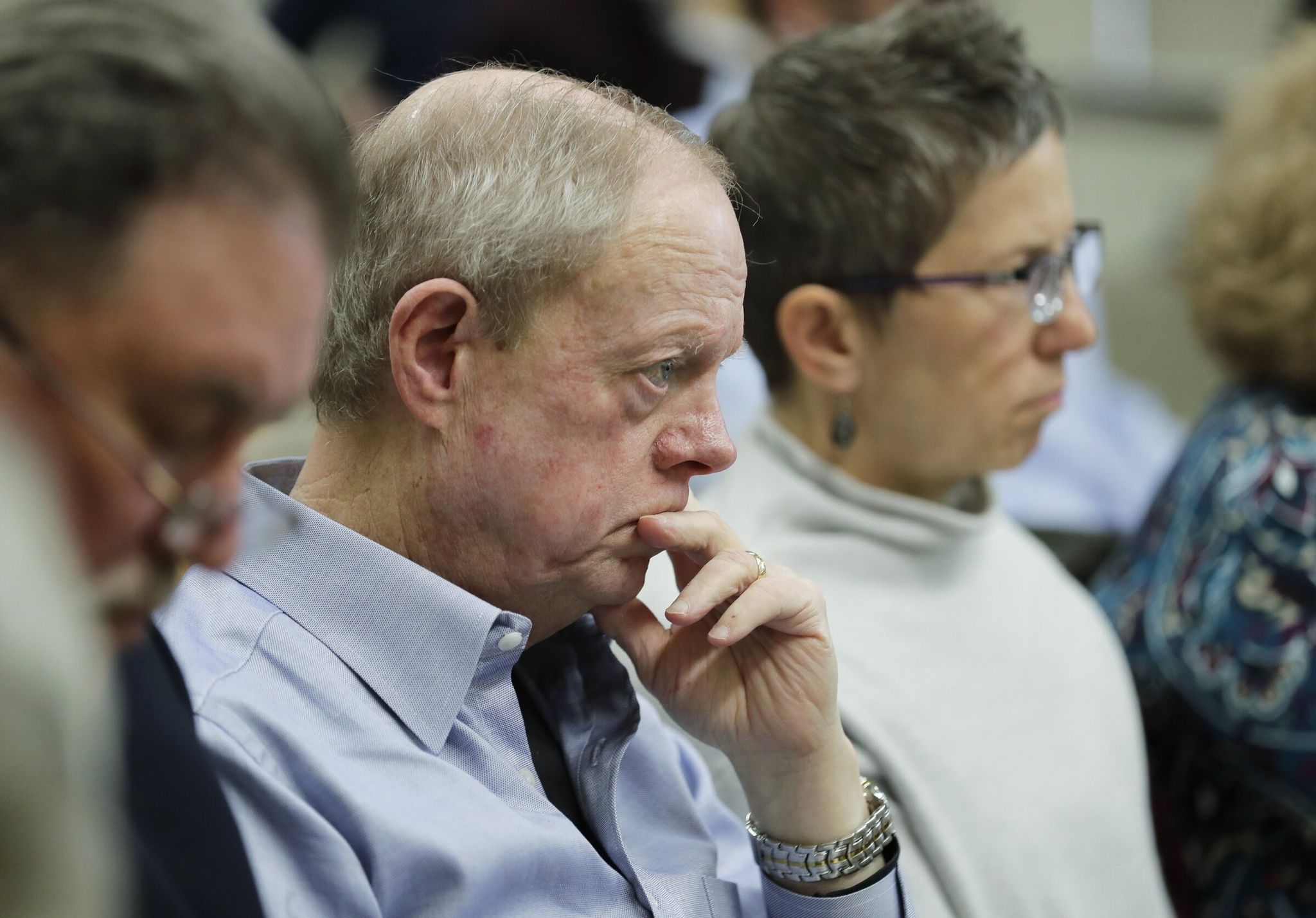Publisher Frank Blethen sits beside executive editor Michelle Matassa Flores at a public hearing of the state Senate Committee on State Government, Tribal Relations and Elections in Olympia in 2019. Blethen and other open-government advocates opposed a recent legislative attempt to limit what the legislature must disclose under public-records laws. (Ted S. Warren / Associated Press)