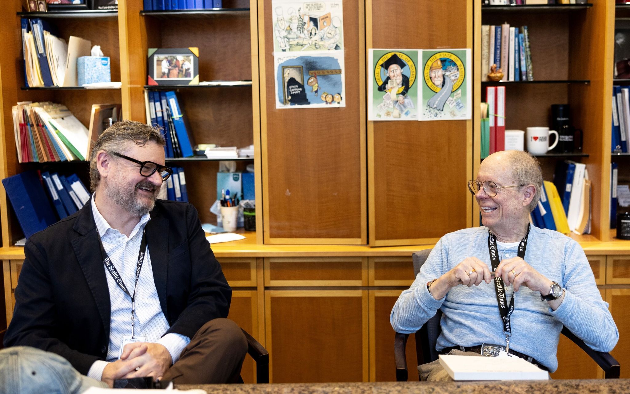 Ryan Blethen, left, succeeds his father, Frank, as publisher of The Seattle Times, which is owned by the Blethen family. (Nick Wagner / The Seattle Times)