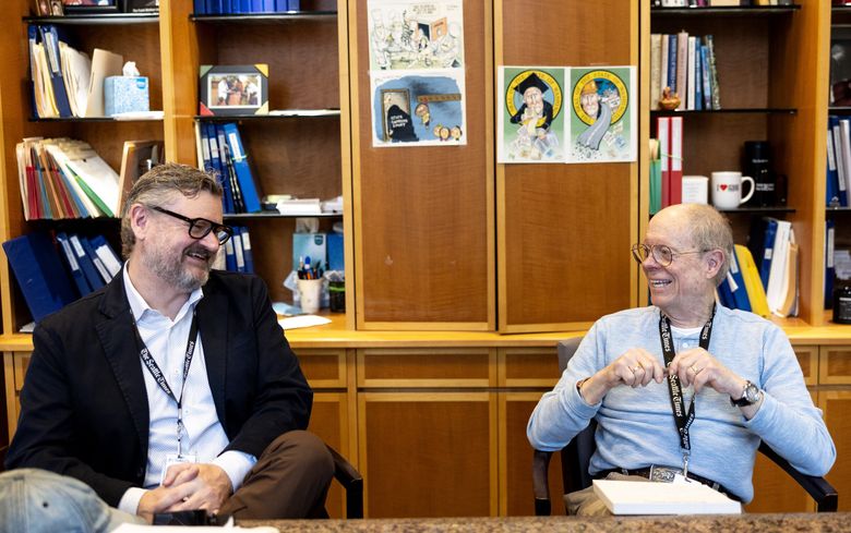 Ryan Blethen, left, succeeds his father, Frank, as publisher of The Seattle Times, which is owned by the Blethen family. (Nick Wagner / The Seattle Times)