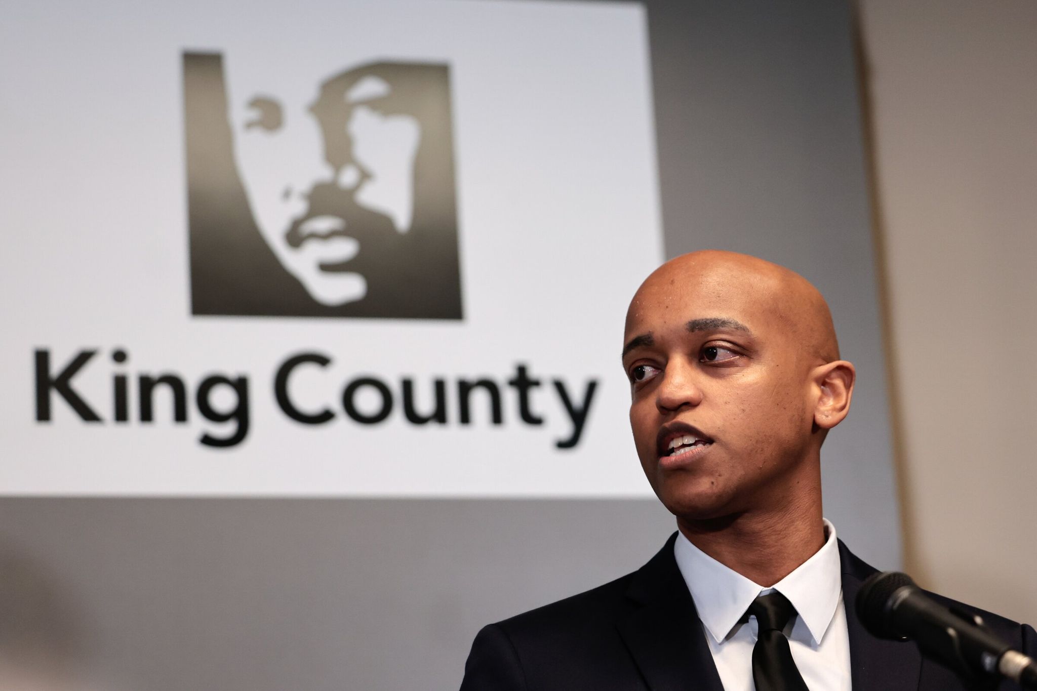King County Executive Girmay Zahilay announces new financial oversight measures Wednesday. (Karen Ducey / The Seattle Times)