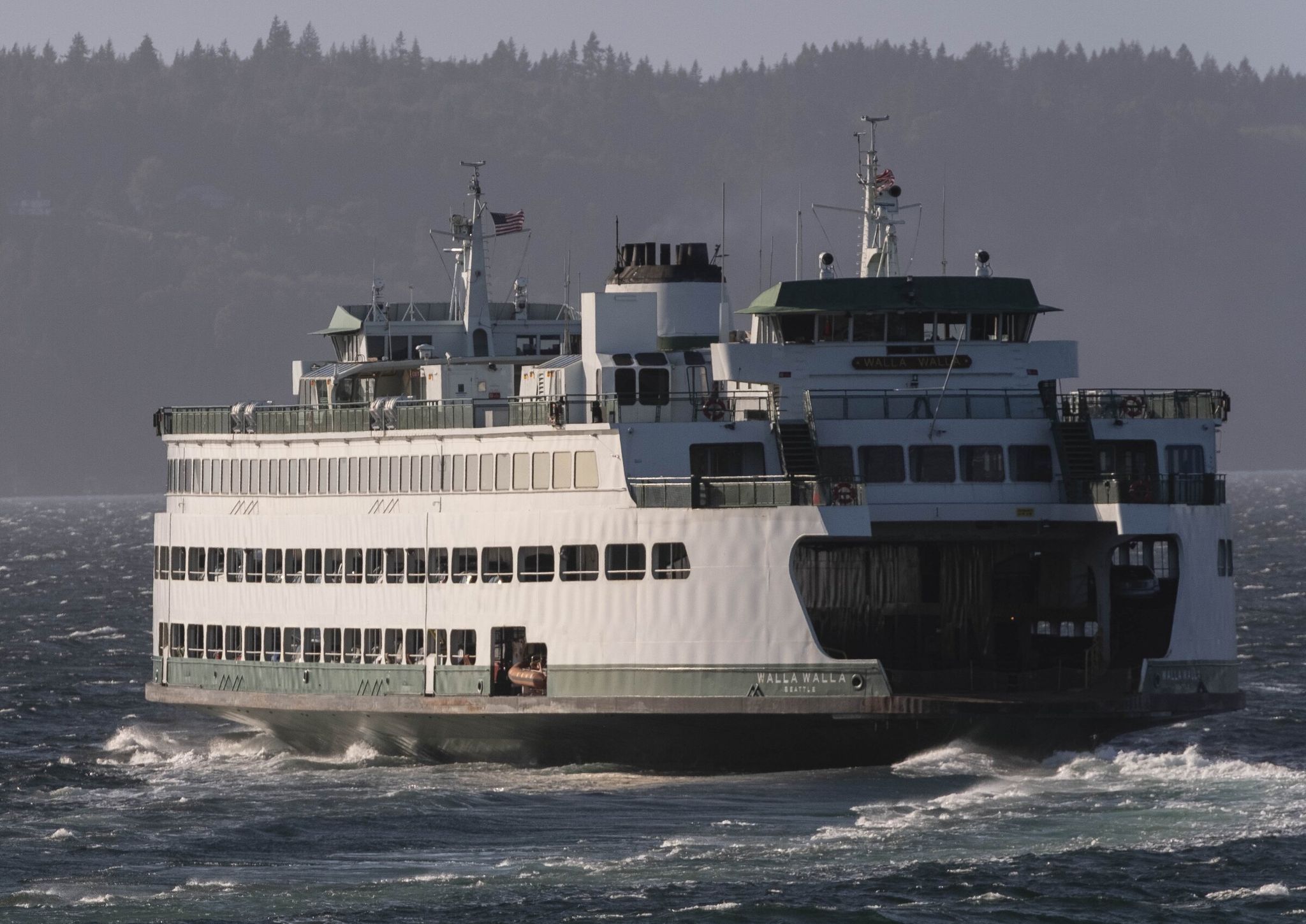 The Walla Walla sails out of Edmonds into strong winds and whitecap waters in 2020. The ferry was damaged Wednesday morning after it took a hard landing at Edmonds, leading to canceled sailings and two-hour waits for drivers. (Dean Rutz / The Seattle Times)