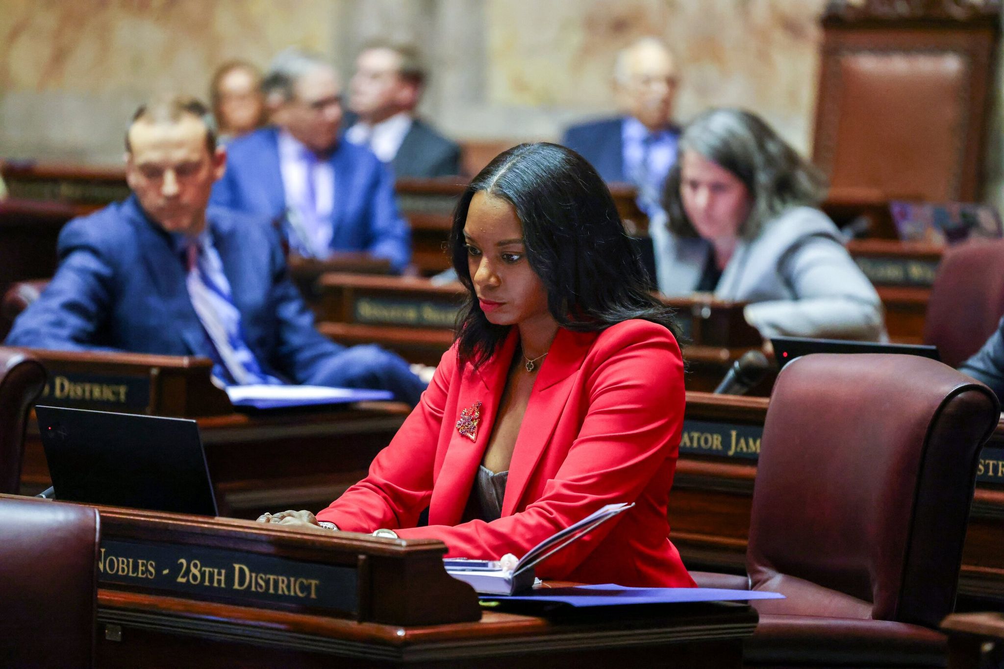 Sen. T’wina Nobles, D-Fircrest, during opening day of the 2025 legislative session in Olympia. (Ken Lambert / The Seattle Times)