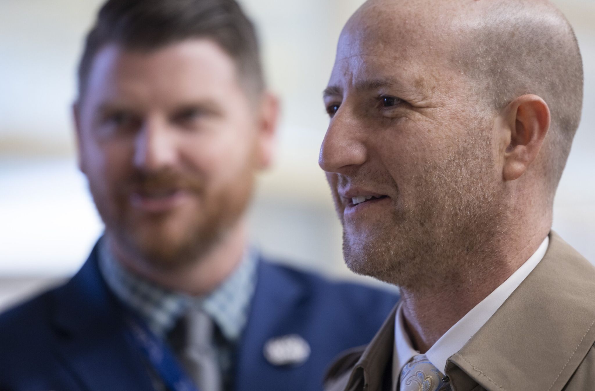 Seattle Public Schools Superintendent Ben Shuldiner visits West Seattle schools during his first week on the job on Feb. 4, 2026. Mason Skeffington, principal at Alki Elementary at Schlitz Park, is at left. (Ellen M. Banner / The Seattle Times)