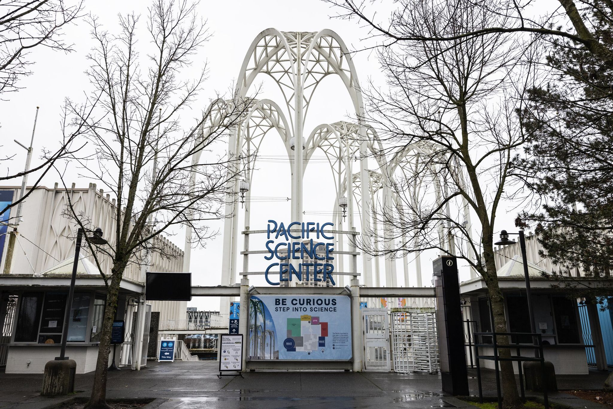 The entrance to Seattle’s Pacific Science Center is shown Jan. 7, 2026.  (Ken Lambert / The Seattle Times)