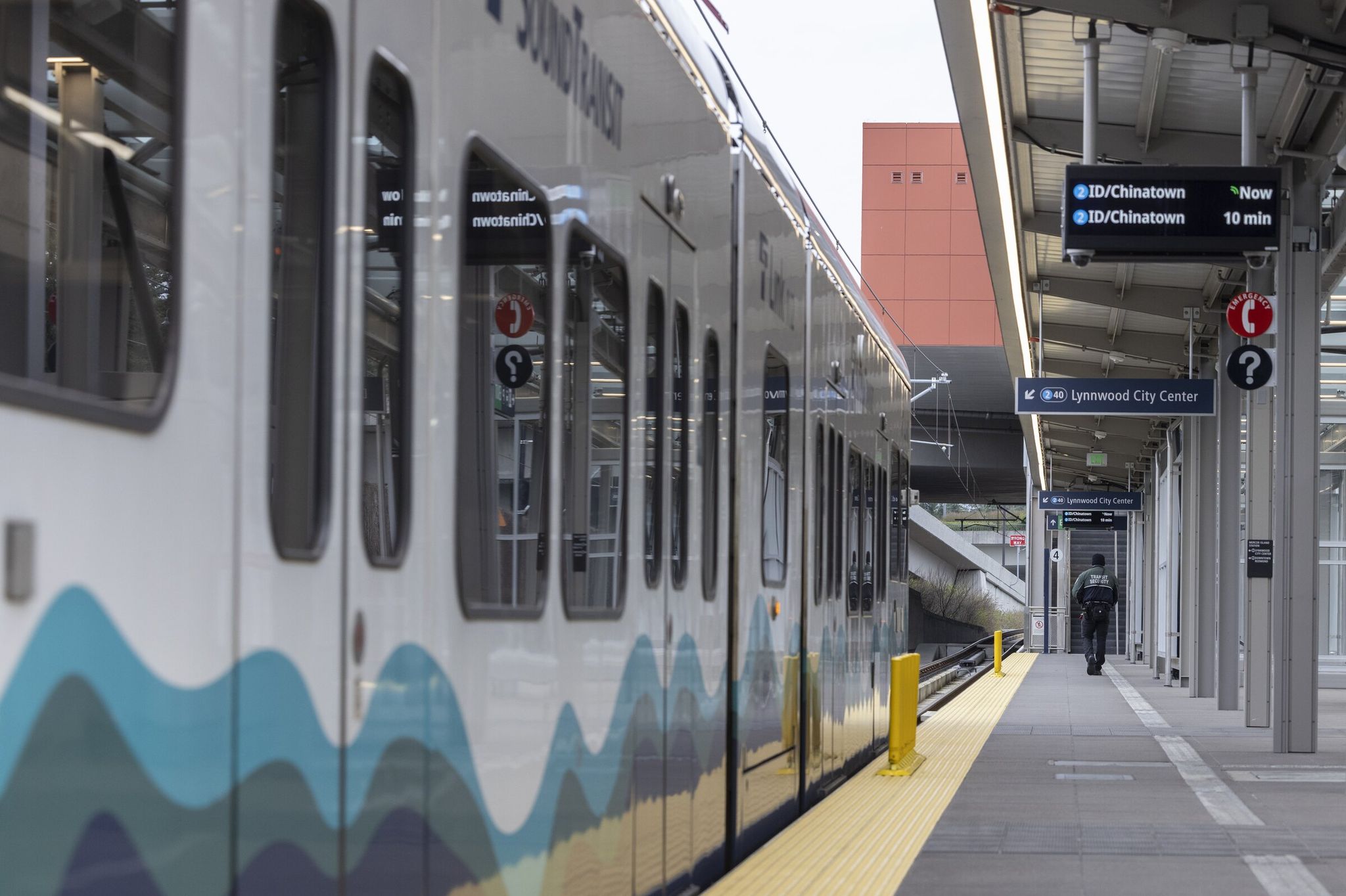 A train on a training run at Mercer Island station. (Ellen M. Banner / The Seattle Times)