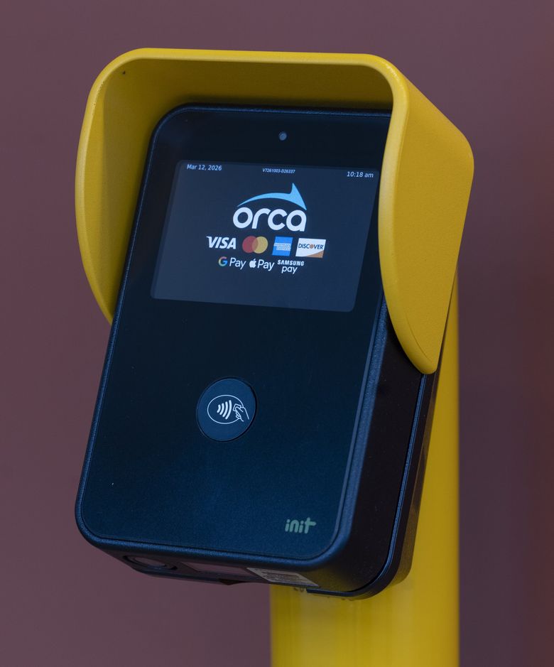 Mercer Island riders will tap their payment cards at machines near the station entrance. (Ellen M. Banner / The Seattle Times)