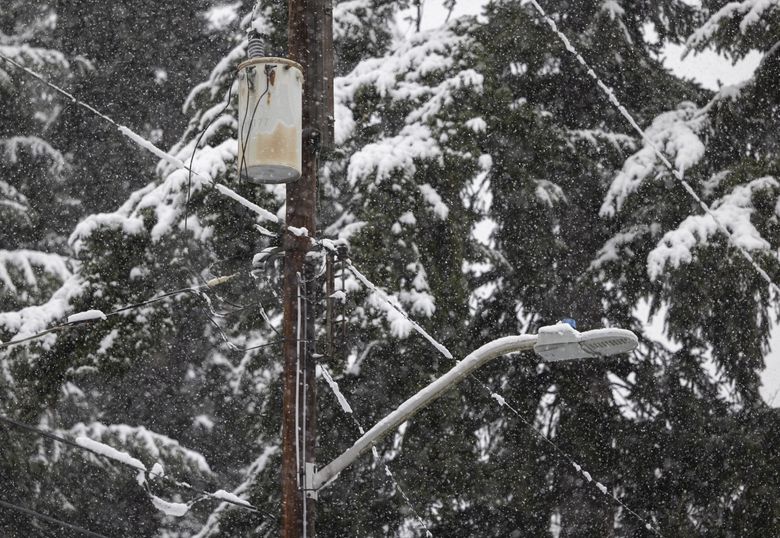 Snow builds up on power lines in Burien earlier this month. Utilities are worried about costs surging even higher as the Northwest faces an energy shortage during extreme conditions starting this year, forecast to get significantly worse by 2030. (Ellen M. Banner / The Seattle Times)