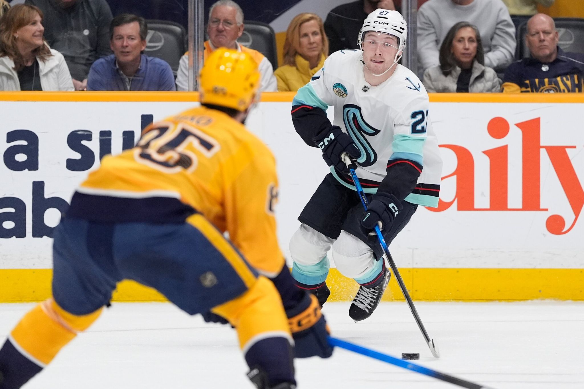 Seattle Kraken center Berkly Catton (27) skates the puck against the Nashville Predators during the first period of an NHL hockey game Thursday, March 19, 2026, in Nashville, Tenn. (George Walker IV / The Associated Press)