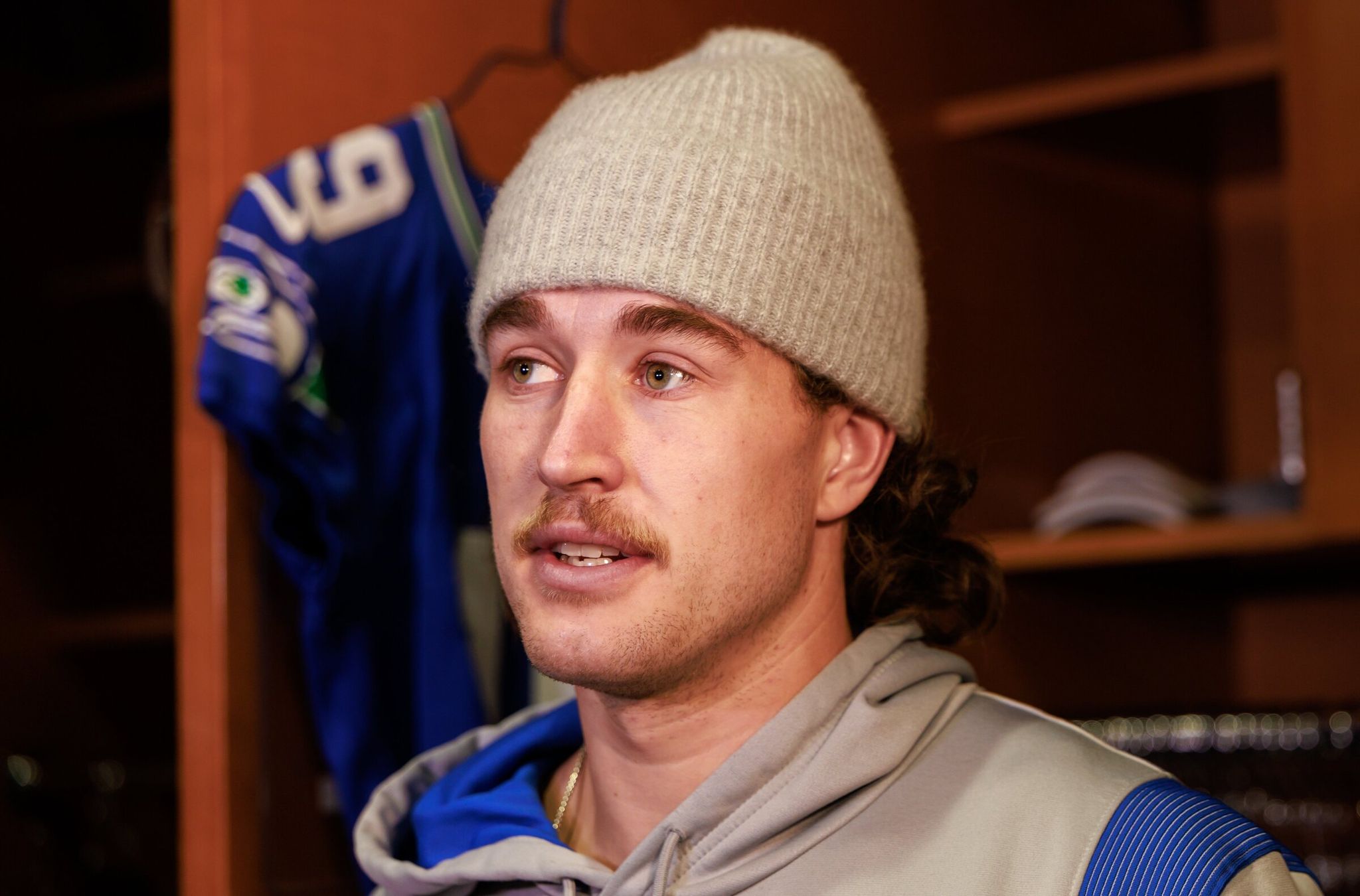 Jake Bobo speaks as he clears out his locker a few days after the Seahawks’ Super Bowl win. (Erika Schultz / The Seattle Times)