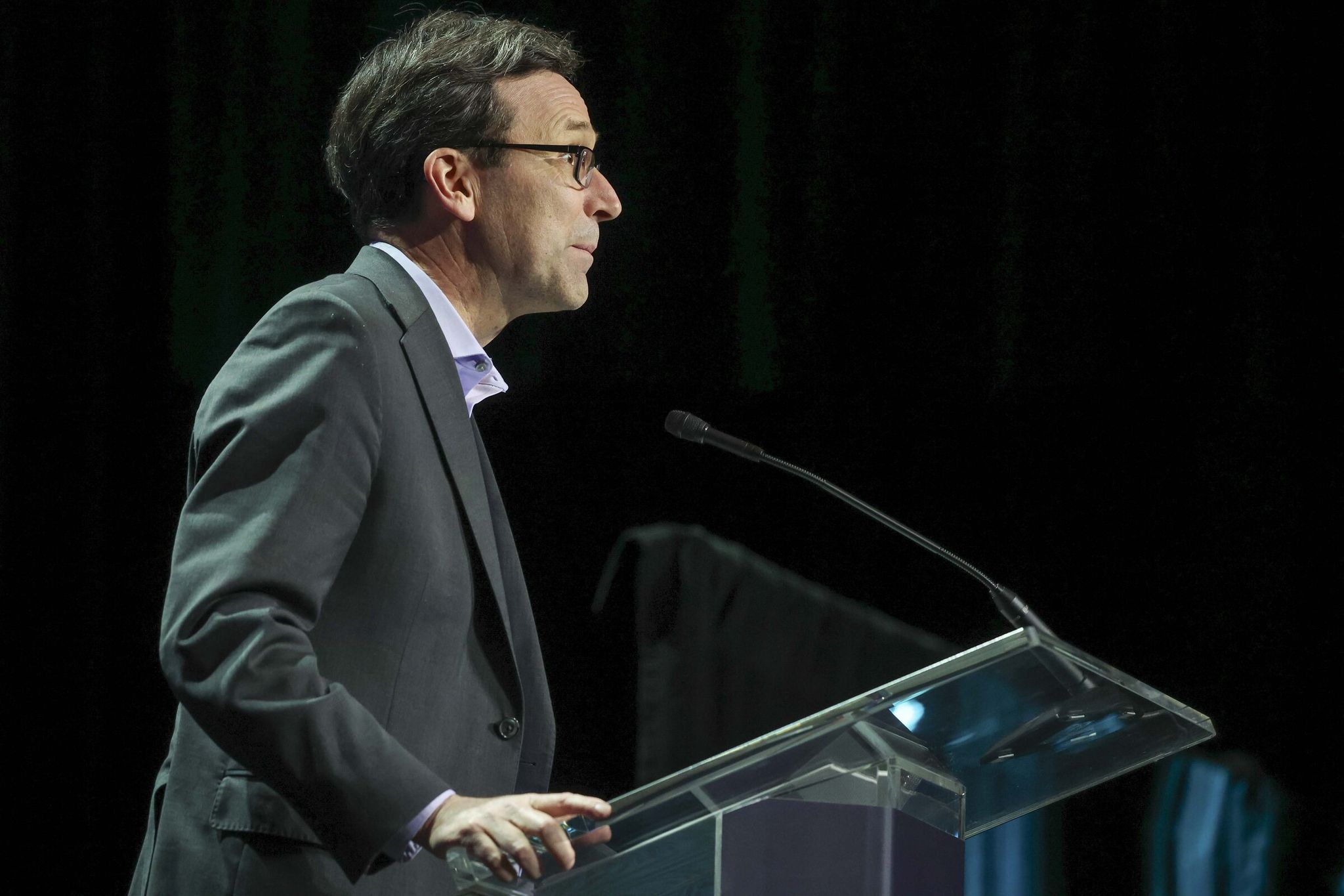 Governor Bob Ferguson speaks during the 91st annual Athlete of the Year Awards at the Seattle Convention Center Summit in downtown Seattle on March 13, 2026. (Ivy Ceballo / The Seattle Times)