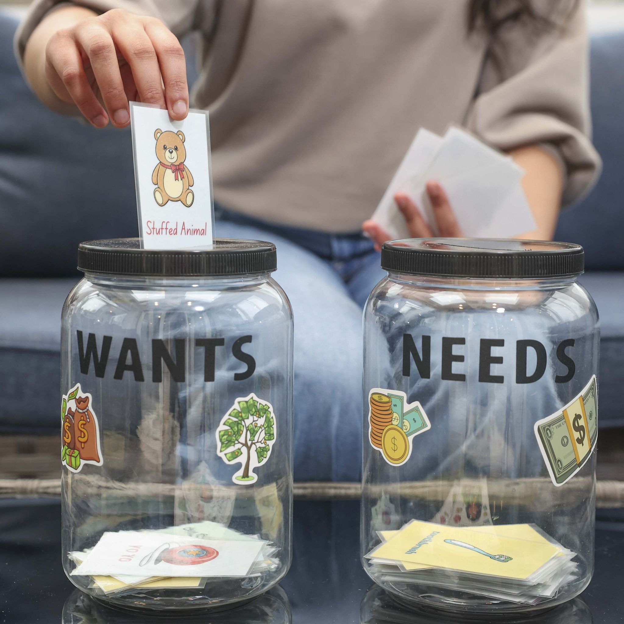 Siddhi Tandon, 17, displays her jars for 'wants' and 'needs.' (Ivy Ceballo / The Seattle Times)