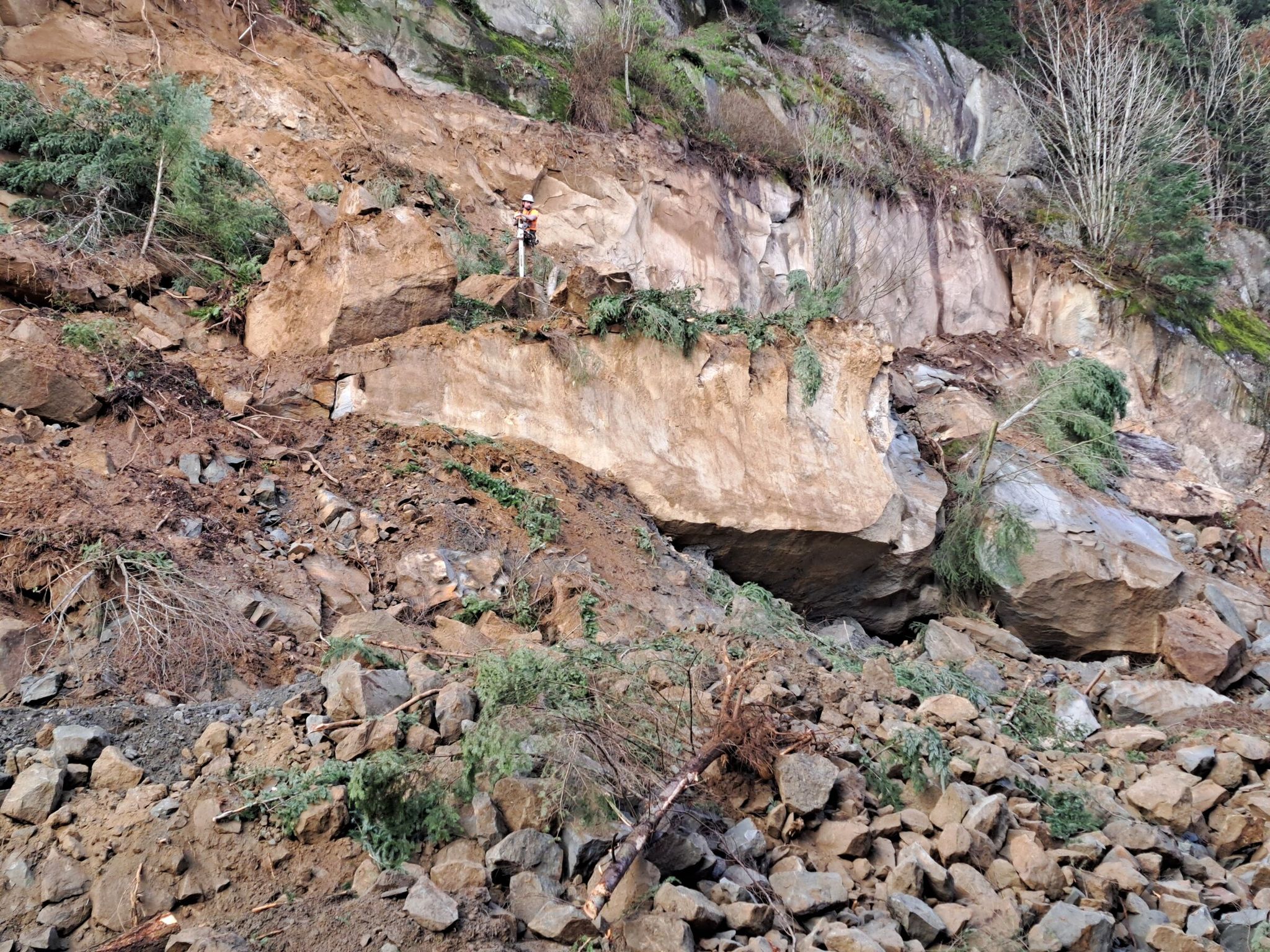 Workers shore up a slope along I-5 south of Bellingham after the March 19 landslide that closed northbound lanes. (WSDOT)