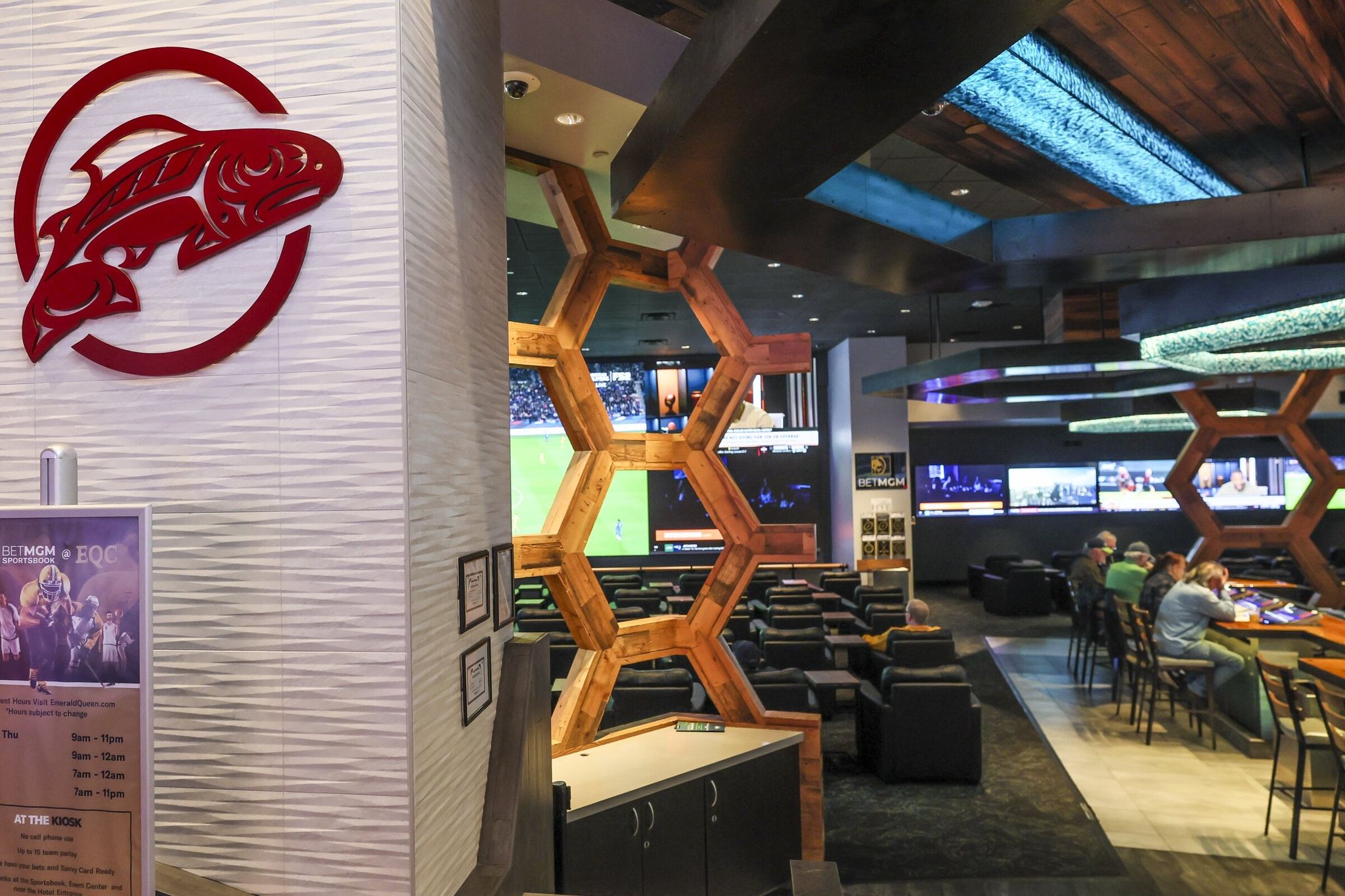 Sports betting viewing area at the Emerald Queen casino and hotel owned by the Puyallup Tribe, Nov. 13 in Tacoma. (Kevin Clark / The Seattle Times, 2025)