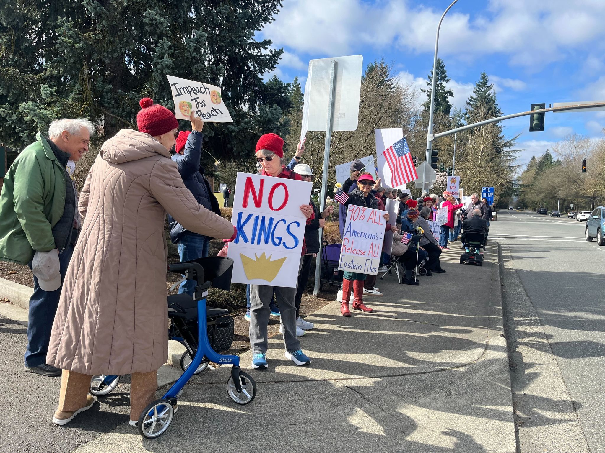 Protesters gather for the 'No Kings' action in Bellevue on Saturday. (Stephannie Stokes / The Seattle Times)