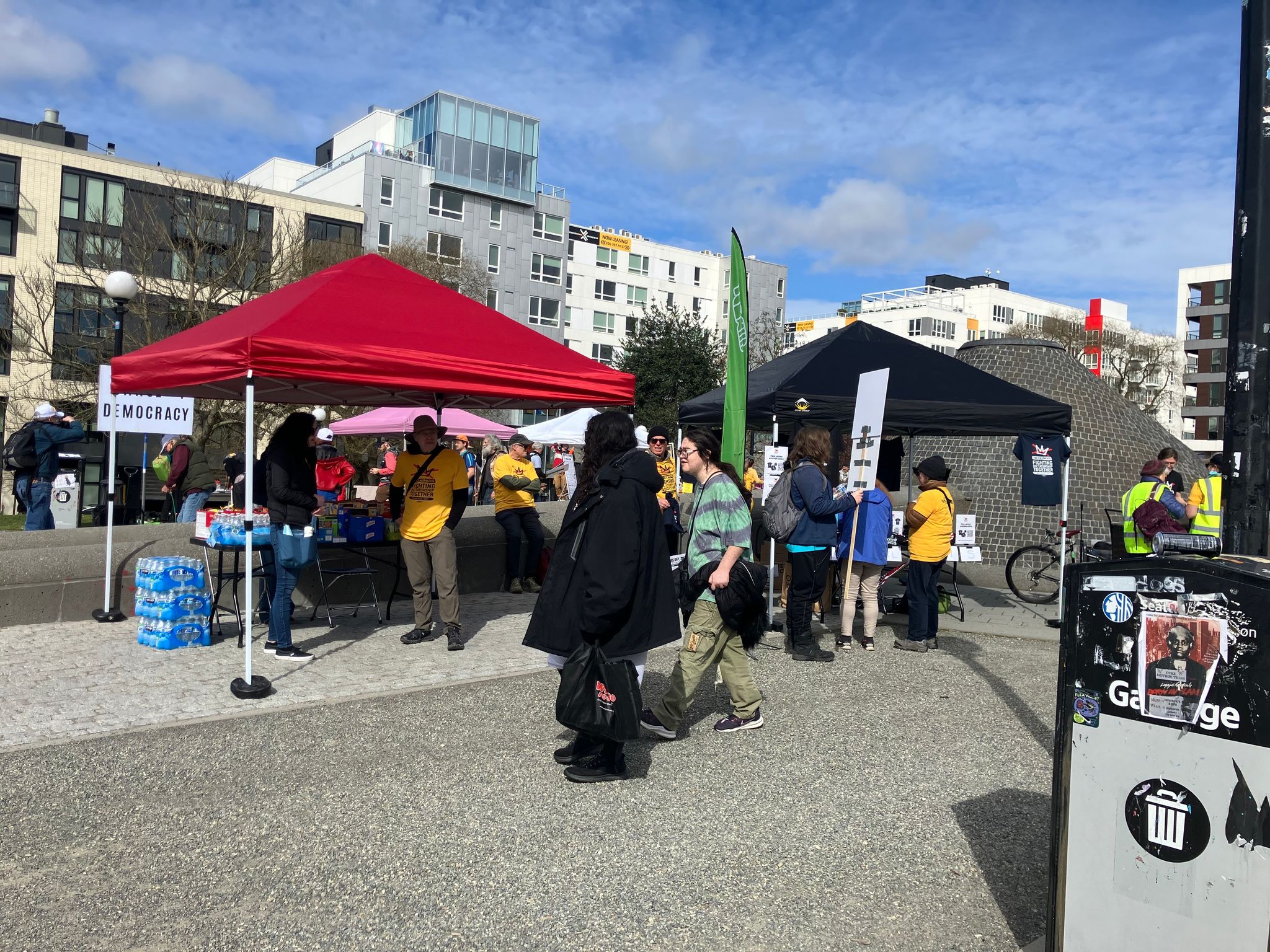 People arrive an hour before the start of the No Kings protest, which was set to begin at Cal Anderson Park on Saturday. (Nina Shapiro / The Seattle Times)
