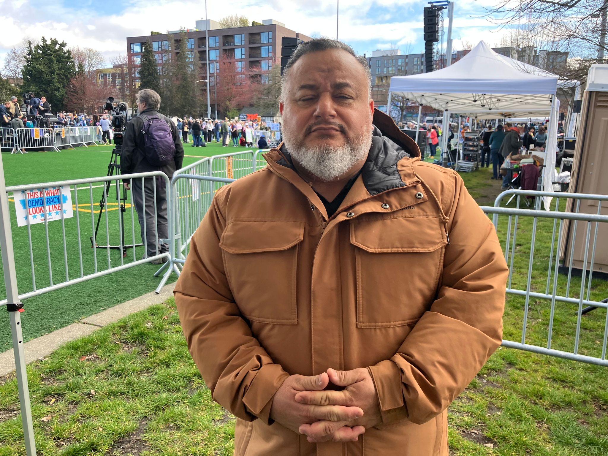 Sergio Amescua, senior pastor of Minneapolis' Dios Habla Hoy church, said he wanted to convey a message of unity in his keynote at the No Kings rally on March 28, 2026, at Cal Anderson.