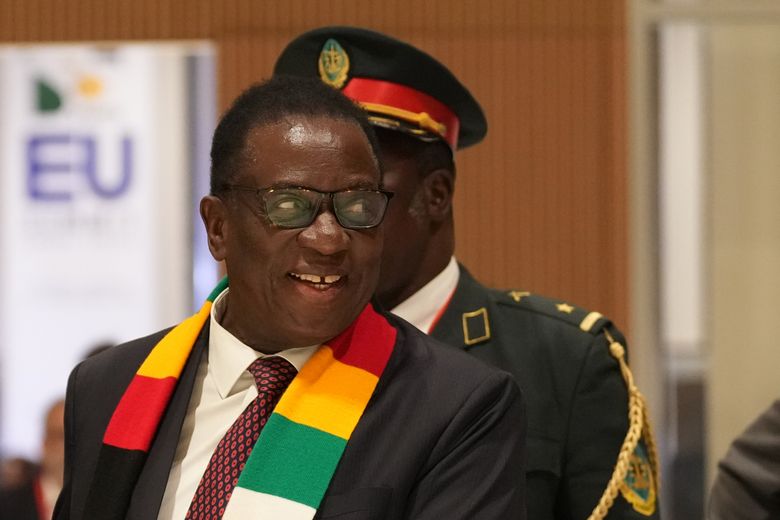 FILE – Zimbabwe’s President Emmerson Mnangagwa attends the African Union-European Union summit in Luanda, Angola, on Nov. 24, 2025. (AP Photo/Thibault Camus, File)