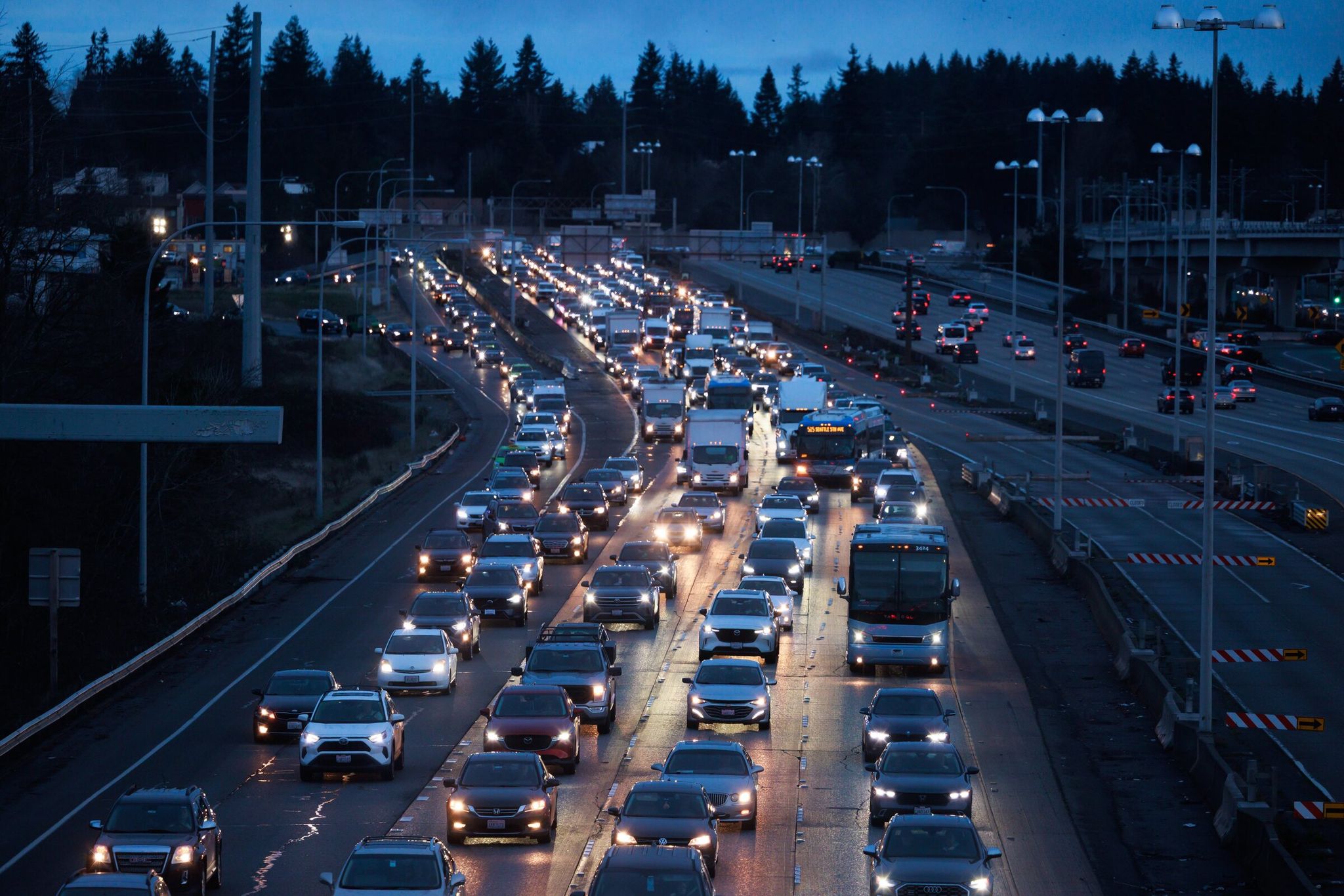Decline in Washington state road fatalities — photo shows I‑5 interstate in Seattle — mirrors a nationwide drop in traffic deaths. (Erika Schultz / The Seattle Times)
