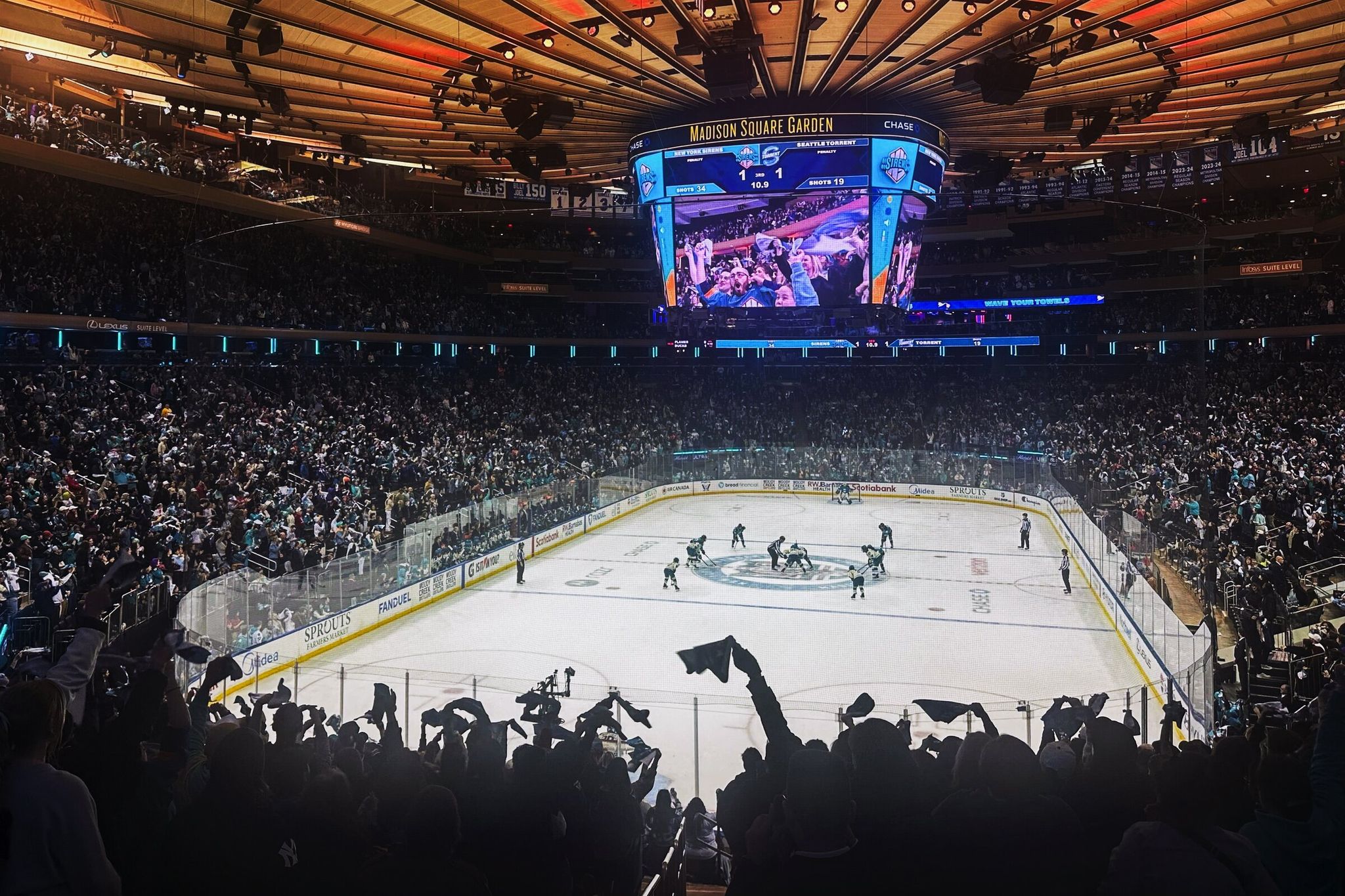 Fans watch the PWHL game between the New York Sirens and the Seattle Torrent at Madison Square Garden in New York on Saturday, April 4, 2026. (Steven Wine / Associated Press)