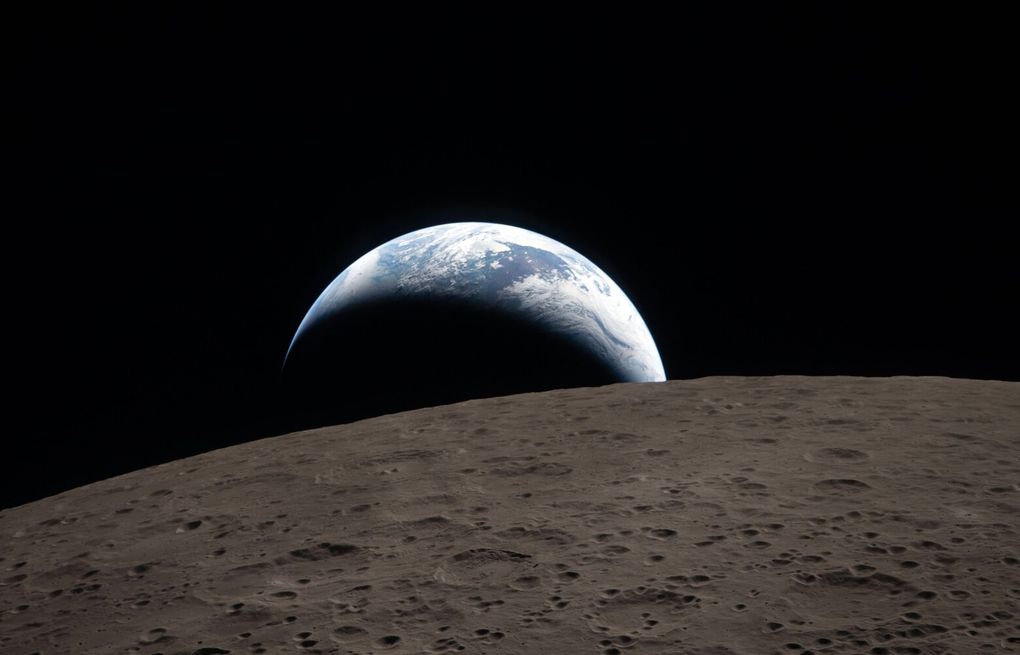Artemis moon flyby photos showing lunar surface and Earthrise from Orion spacecraft