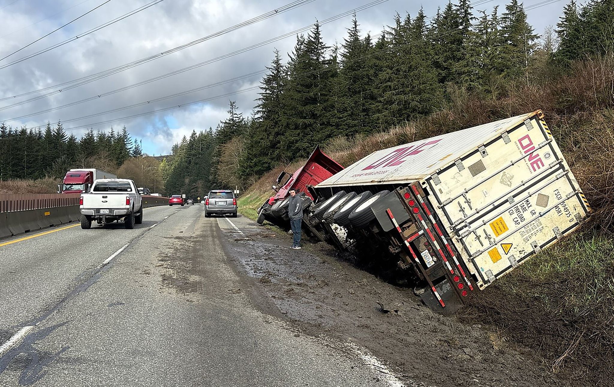 Washington State Patrol reports that on Tuesday a truck carrying 80,000 pounds of potatoes crashed on westbound Highway 18 near milepost 24. (Provided by Washington State Patrol)