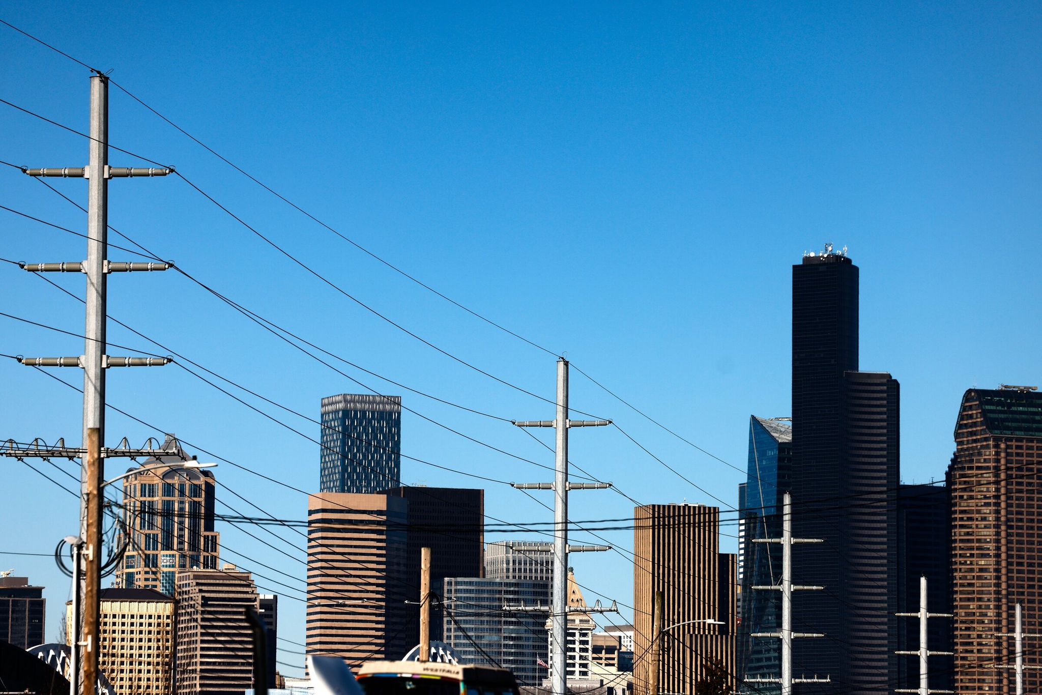 Power lines in the SODO area of Seattle, January 2025 (Karen Ducey / The Seattle Times)