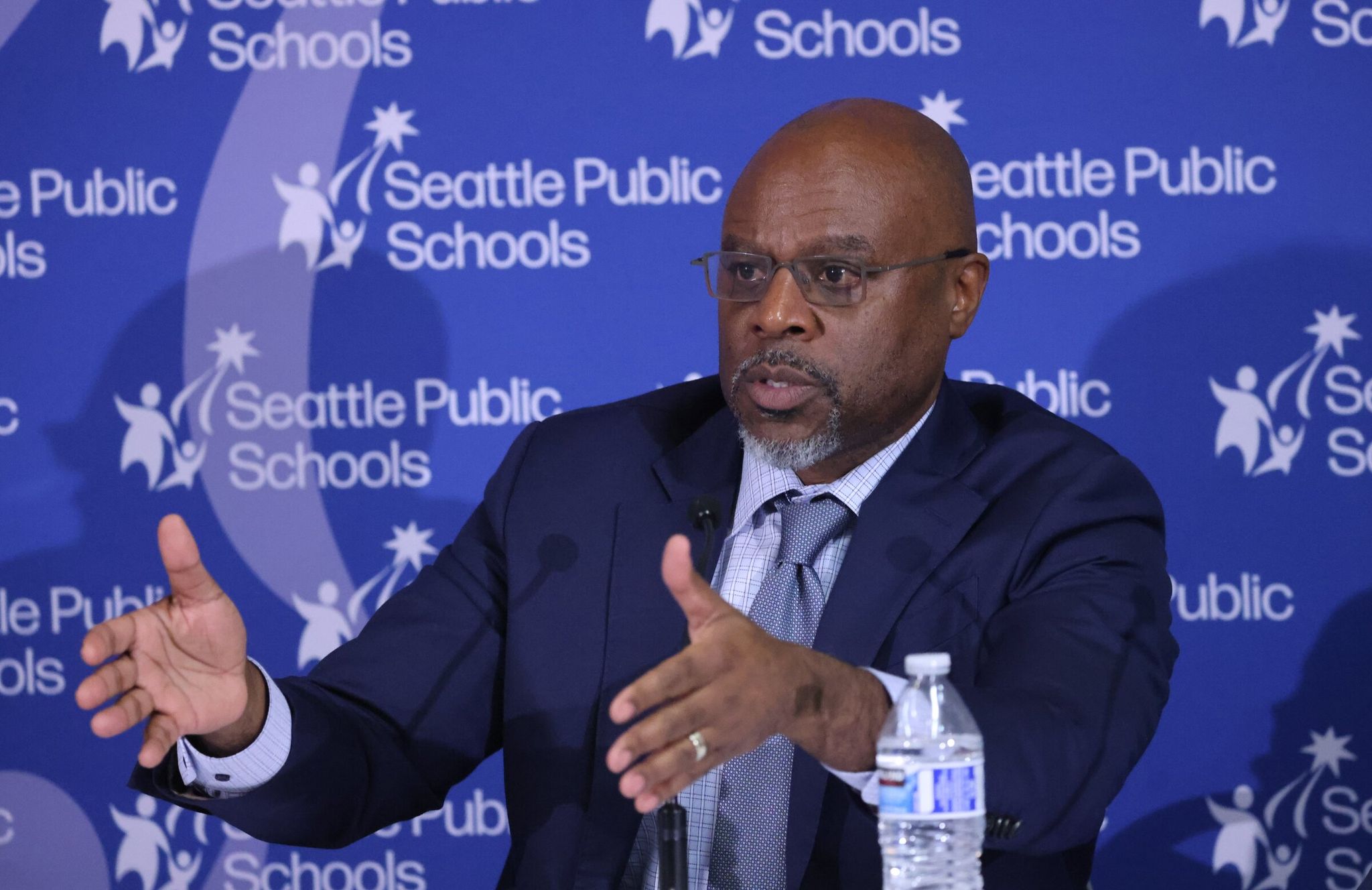 Then-superintendent of Seattle Public Schools Brent Jones speaks at a press conference. Jones will serve as interim president of Seattle Central College, the college chancellor announced Wednesday. (Ellen M. Banner / The Seattle Times, 2024)