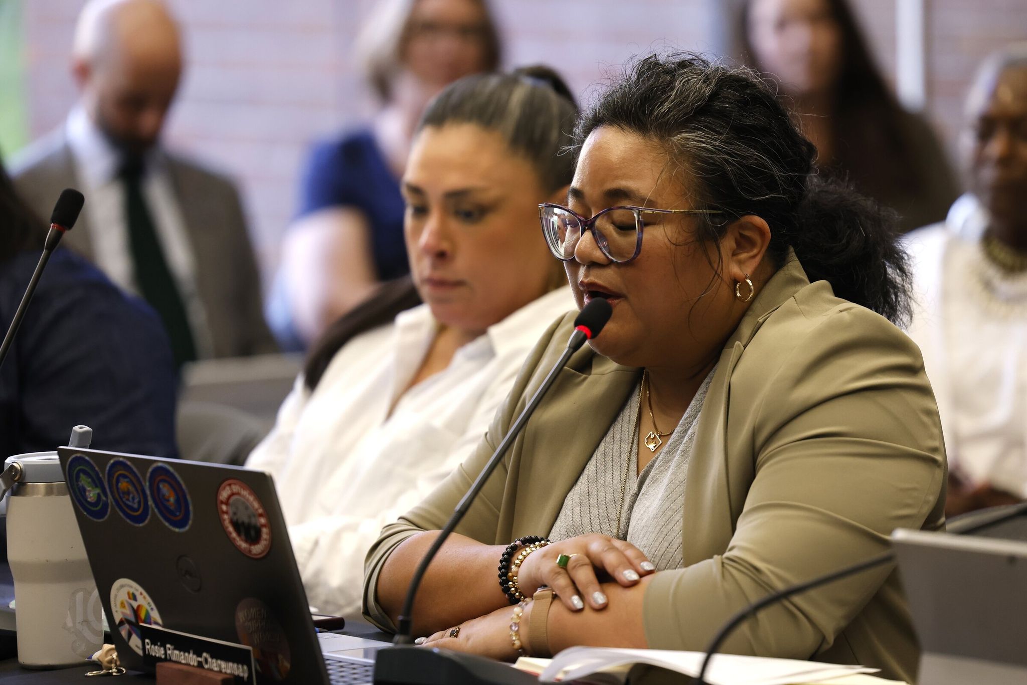 Seattle Colleges Chancellor Rosie Rimando‑Chareunsap speaks at the board of trustees meeting on Thursday. (Karen Ducey / The Seattle Times)