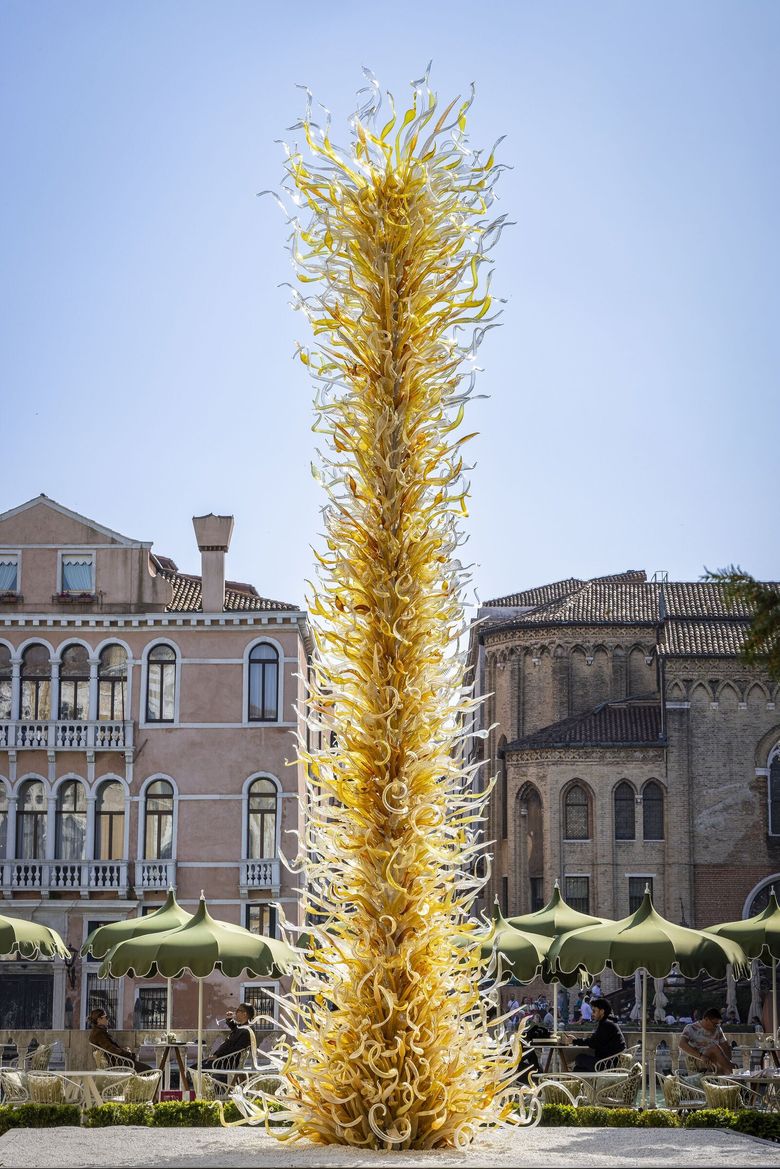 Dale Chihuly’s “Gold Tower” measures 31 x 10½ x 10½ feet. It was installed at Palazzo Cavalli-Franchetti in Venice in April as part of “CHIHULY: Venice 2026.” (Nathaniel Willson)