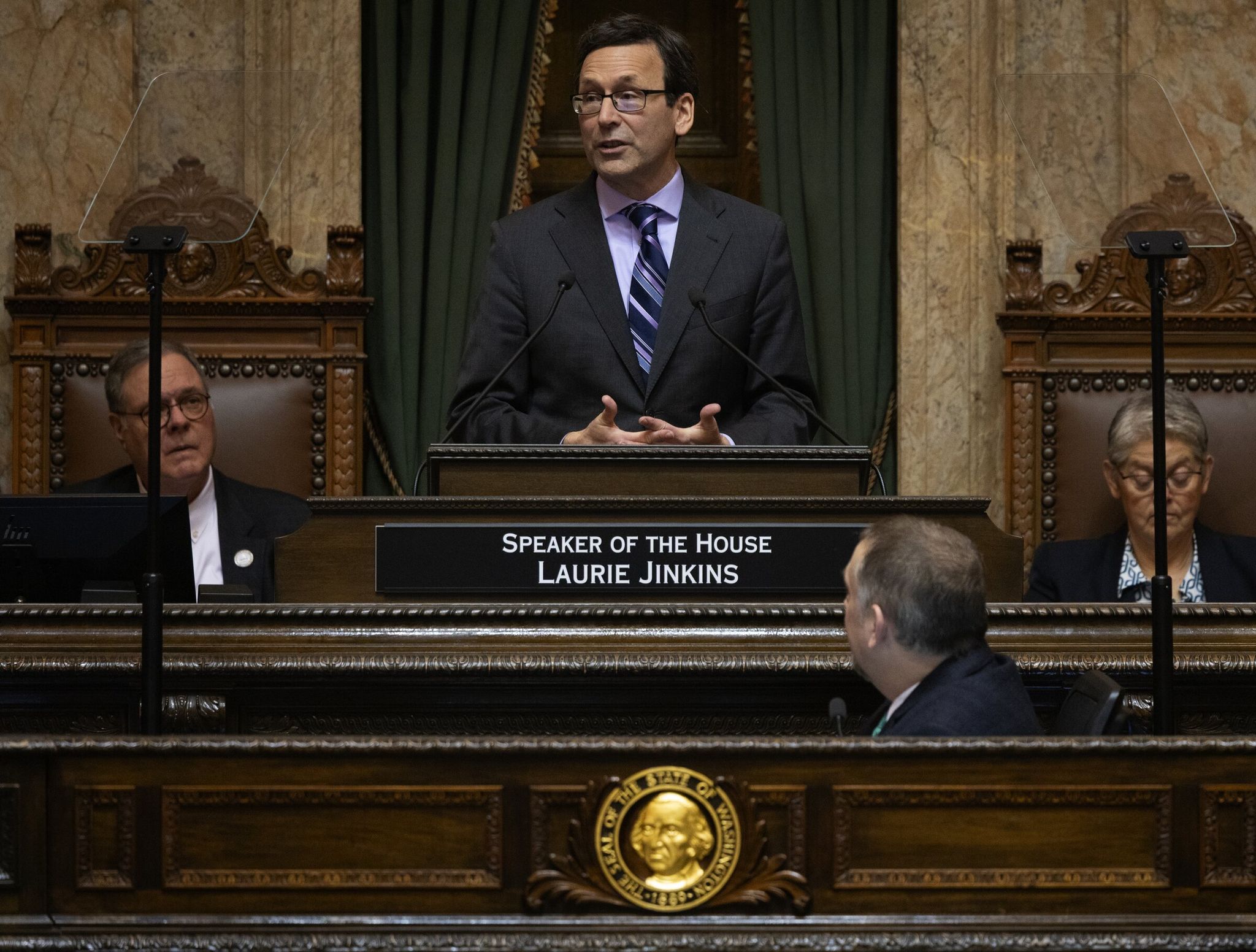 Governor Bob Ferguson speaks on the state of the state to lawmakers in Olympia in January. The state of Washington is awarding nearly $56 million in grants to child care providers to maintain, repair and create new early learning sites. (Ken Lambert / The Seattle Times)