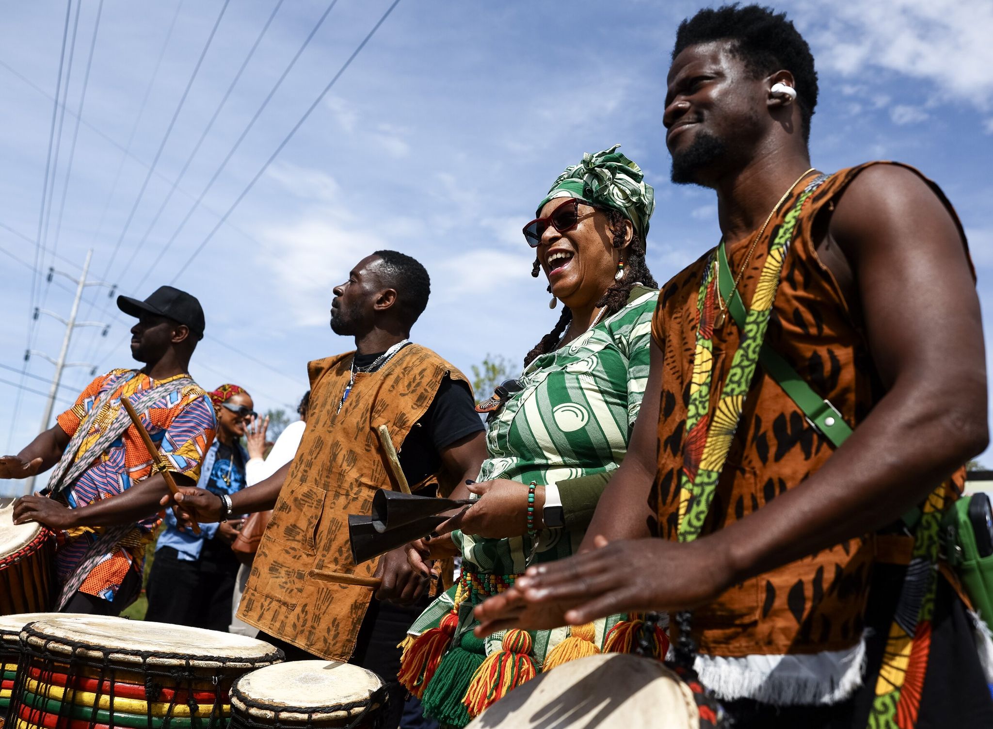 Members of Adefua African Music and Dance performed during the Black Panther Park opening ceremony on Sunday. (Nick Wagner / The Seattle Times)