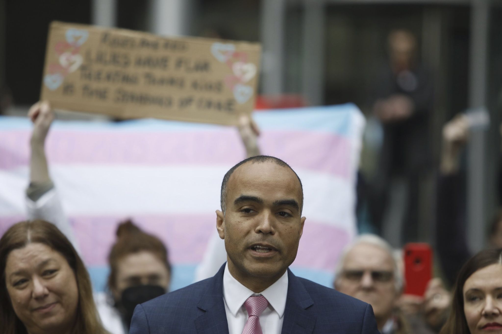Washington Attorney General Nick Brown speaks Feb. 14 at federal court in Seattle after a second federal judge paused President Donald Trump’s order banning gender-affirming care for youth. (Manuel Valdes / Associated Press)