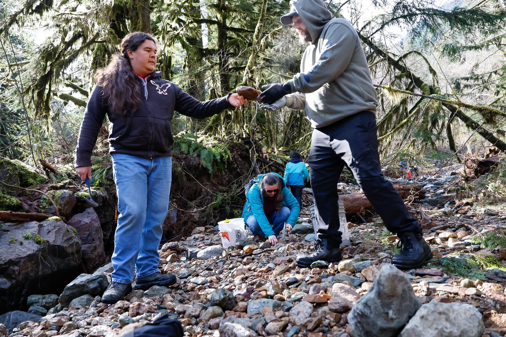 Jeremy Morita, left, hands a rock to Ryan Griffin, right, for identification as Jennifer McGrath, center, uses a rock pick to break apart a possible specimen of picture jasper on March 22, 2026, near Skykomish, in the northeast corner of King County. (Jennifer Buchanan / The Seattle Times)