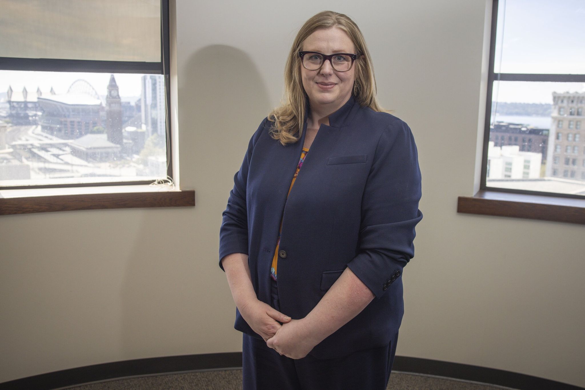 Kelly Kinnison, King County Regional Homelessness Authority CEO, poses for a portrait at the KCRHA offices in Seattle. (Ivy Ceballo / The Seattle Times, 2024)