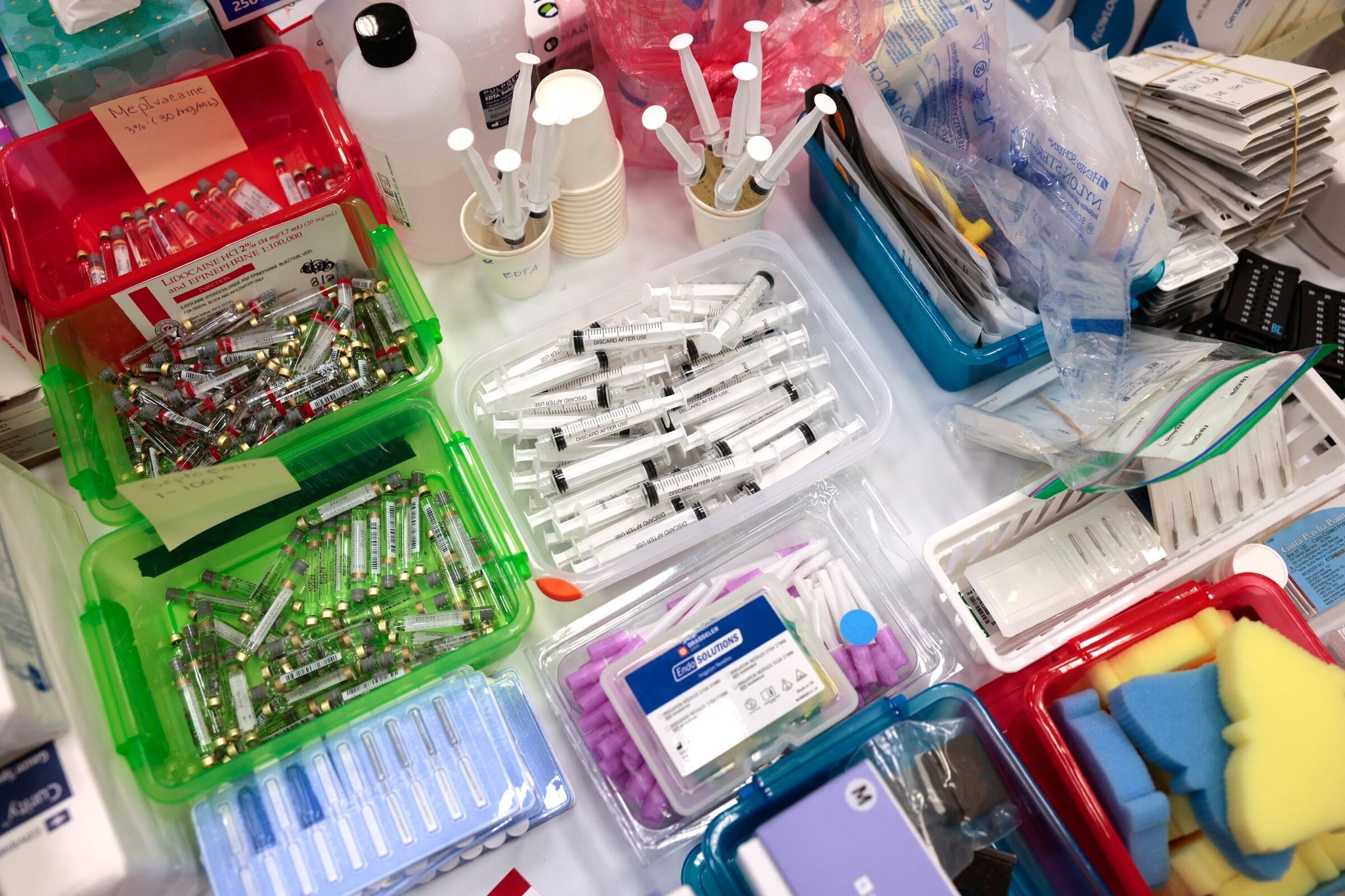 Dental supplies at the Seattle/King County clinic. This is the 11th year the clinic has returned to the Seattle Center campus. Under the guidance of Seattle Center and the Seattle Center Foundation, the clinic brings together health organizations, city agencies, nonprofits and businesses to turn the campus into a full‑service medical operation. (Karen Ducey / The Seattle Times)