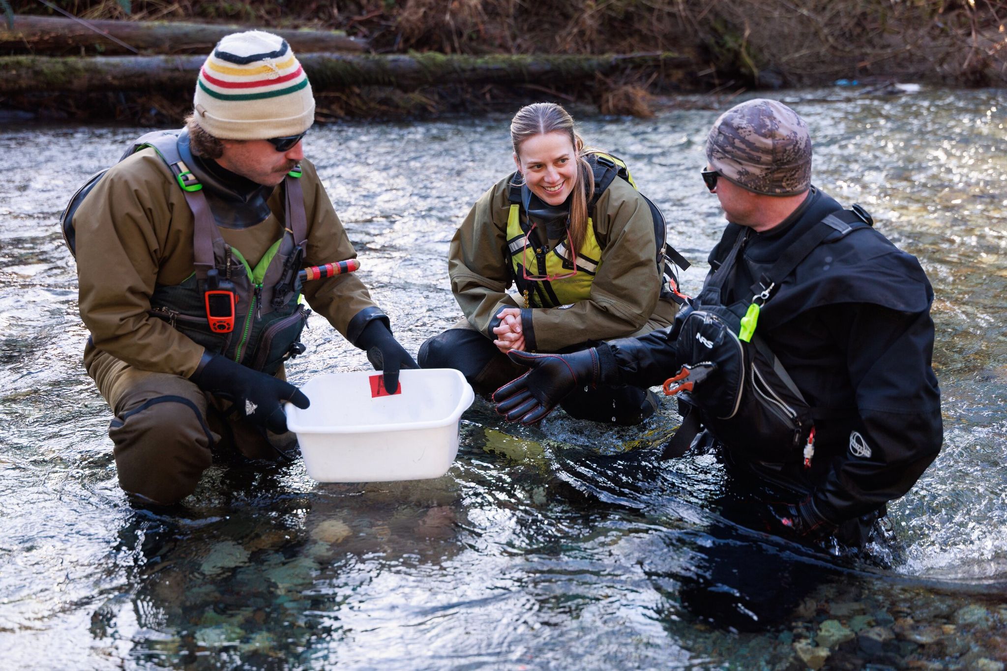 Left to right: Cooper Oswald, spawning-habitat survey specialist; Michaela Low, research scientist with the Washington Department of Fish and Wildlife; and Nick Mancos, science technician, work in Squire Creek, a tributary of the North Fork Stillaguamish River, in late January. Low and other scientists are studying how sediment accumulation and scour may affect Chinook egg survival. (Erika Schultz / The Seattle Times)