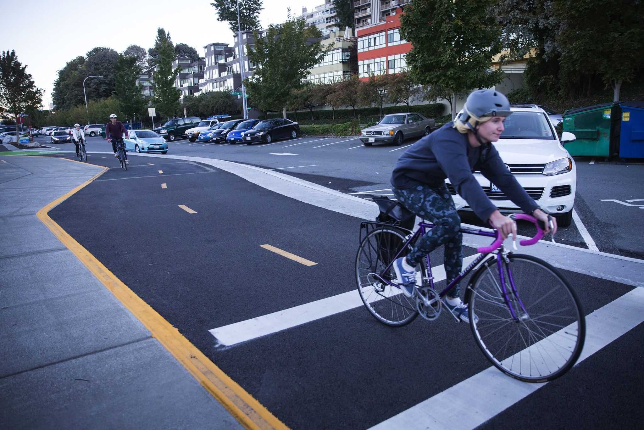 The popular Westlake protected bike lane, west of Lake Union, opened a decade ago. (Lindsey Wasson / The Seattle Times, 2016)