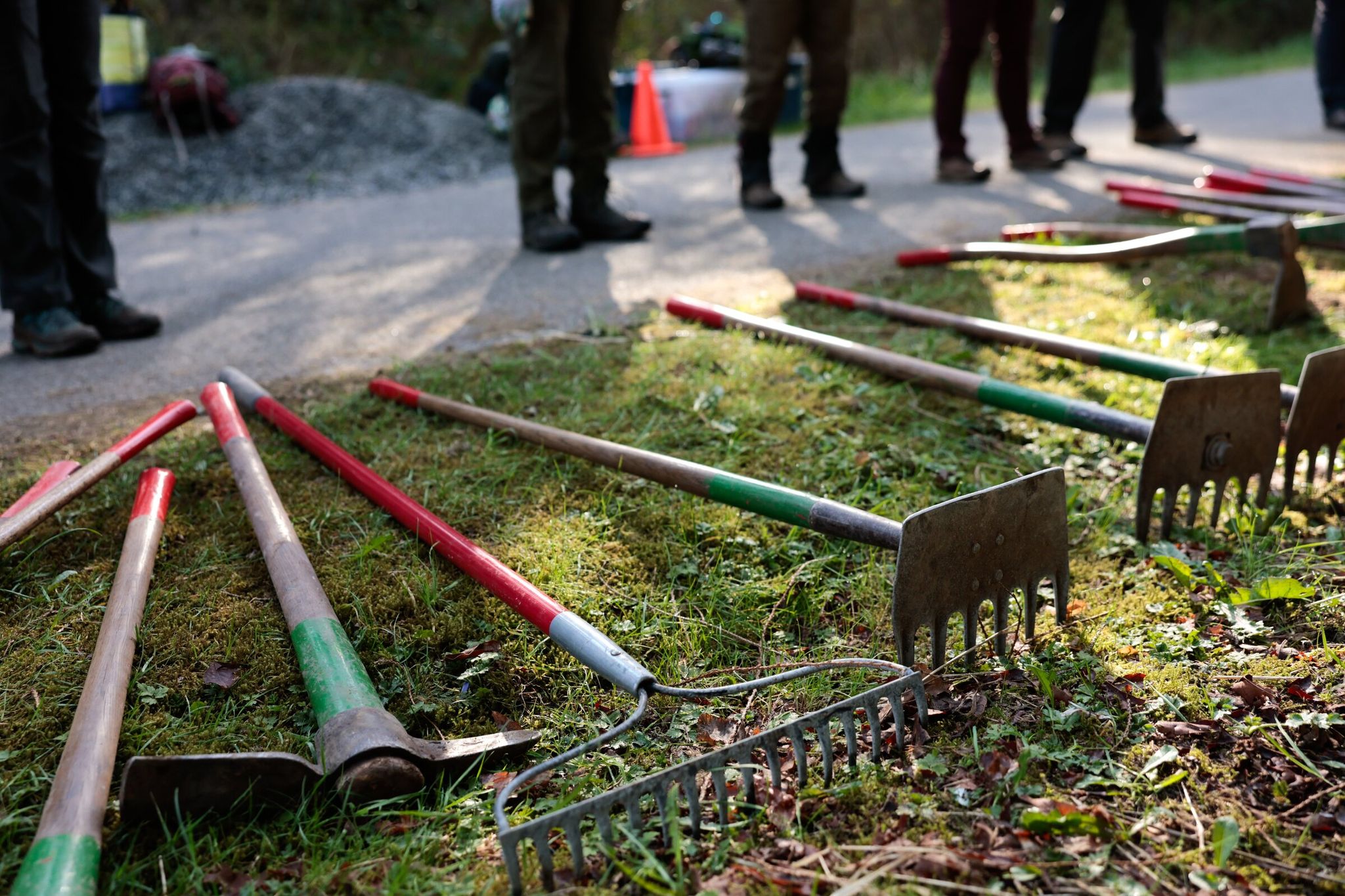 Tools are lined up as a crew of Washington Trails Association volunteers prepares to build a new loop trail near Lake Cassidy that will connect to the Centennial Trail in Lake Stevens. (Karen Ducey / The Seattle Times)