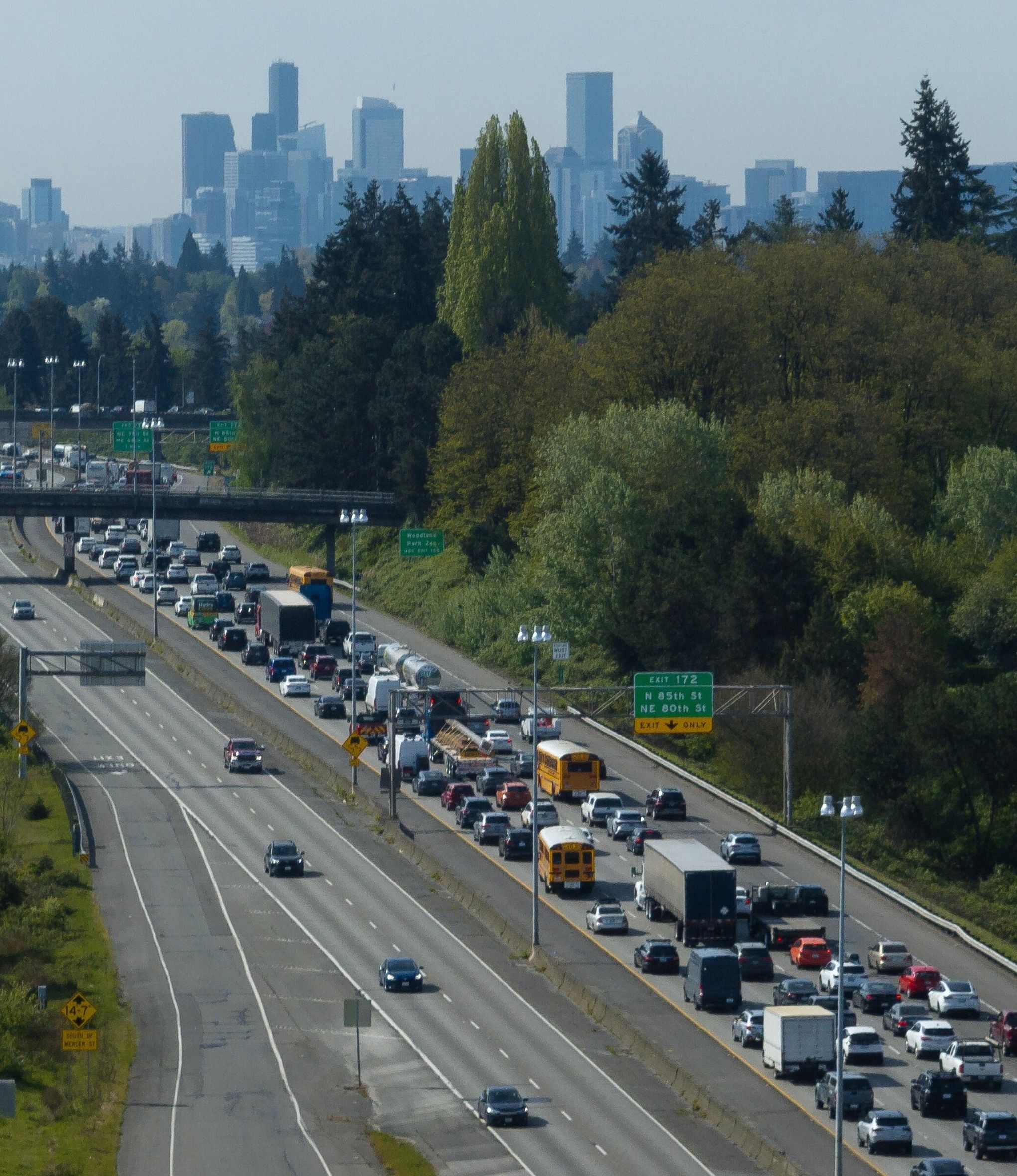 Southbound Interstate 5 traffic crawls toward downtown Seattle on Thursday morning after a crash blocked several lanes. (Nick Wagner / The Seattle Times)