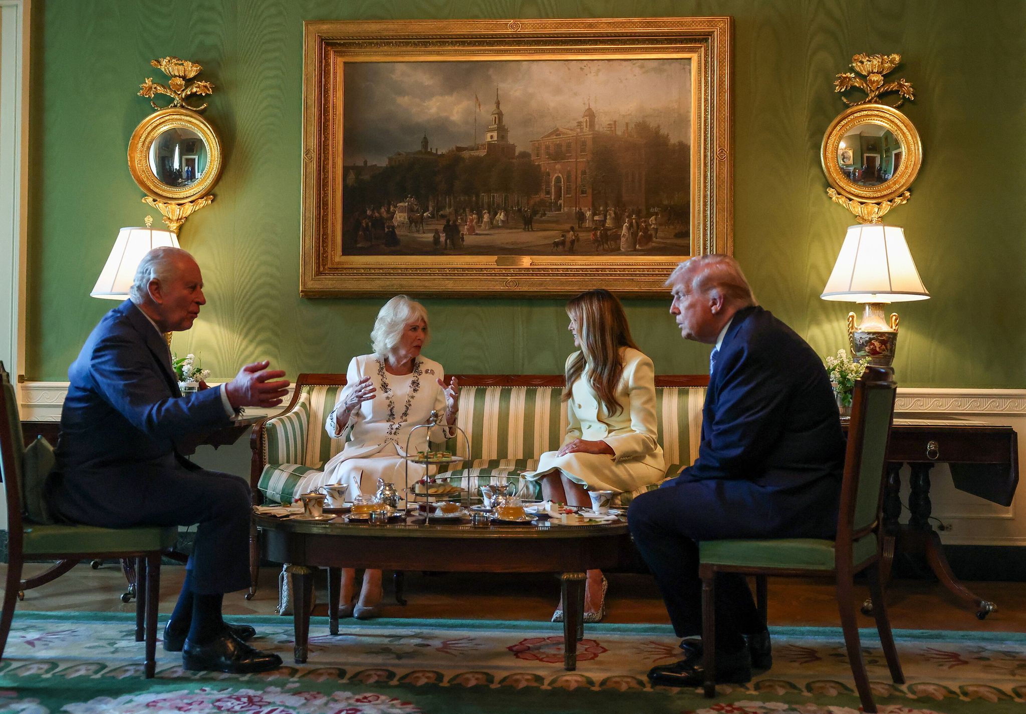 U.S. President Donald Trump and first lady Melania Trump host King Charles III and Queen Camilla for afternoon tea at the White House on day one of their State Visit to the United States of America on Monday. (Pool/Getty Images Europe/TNS)